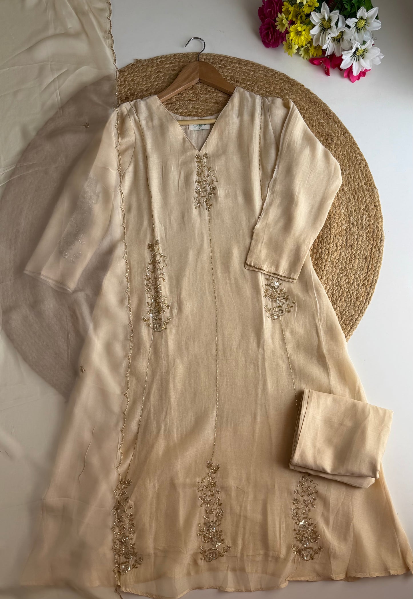 K145 - Mul chanderi handwork aline Kurti with pants and dupatta