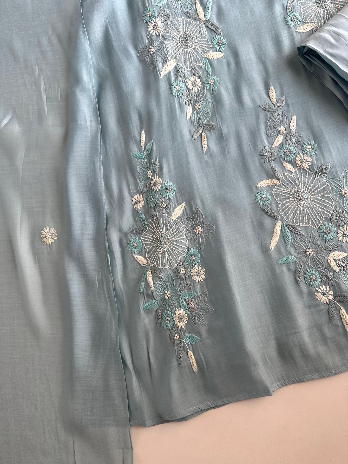K319 - Mul Chanderi embroidered Aline Kurti with pants and dupatta