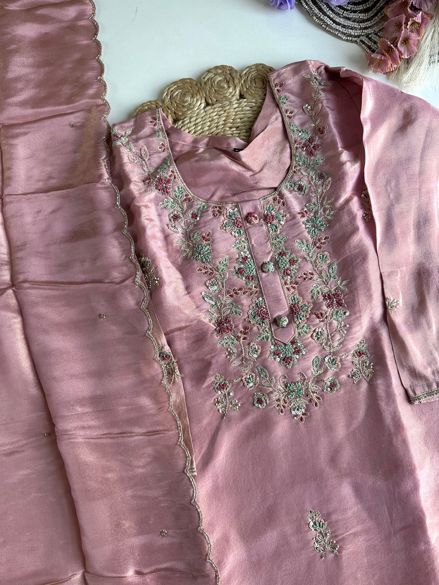 D337 - Tissue silk straight kurti with pants and dupatta