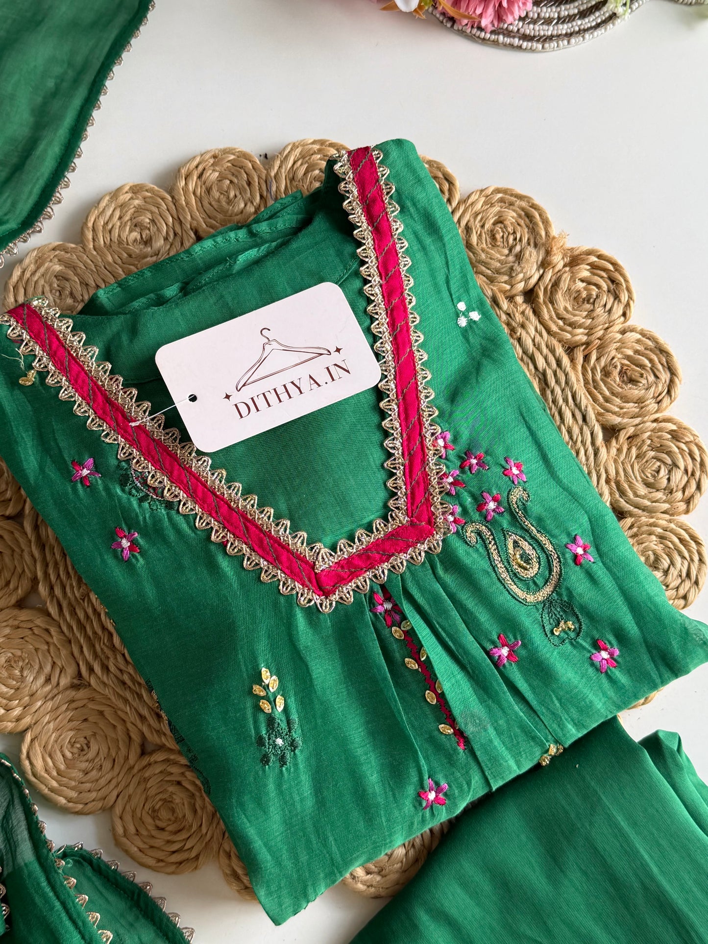 K618 - Mul chanderi handwork aline Kurti with pants and dupatta