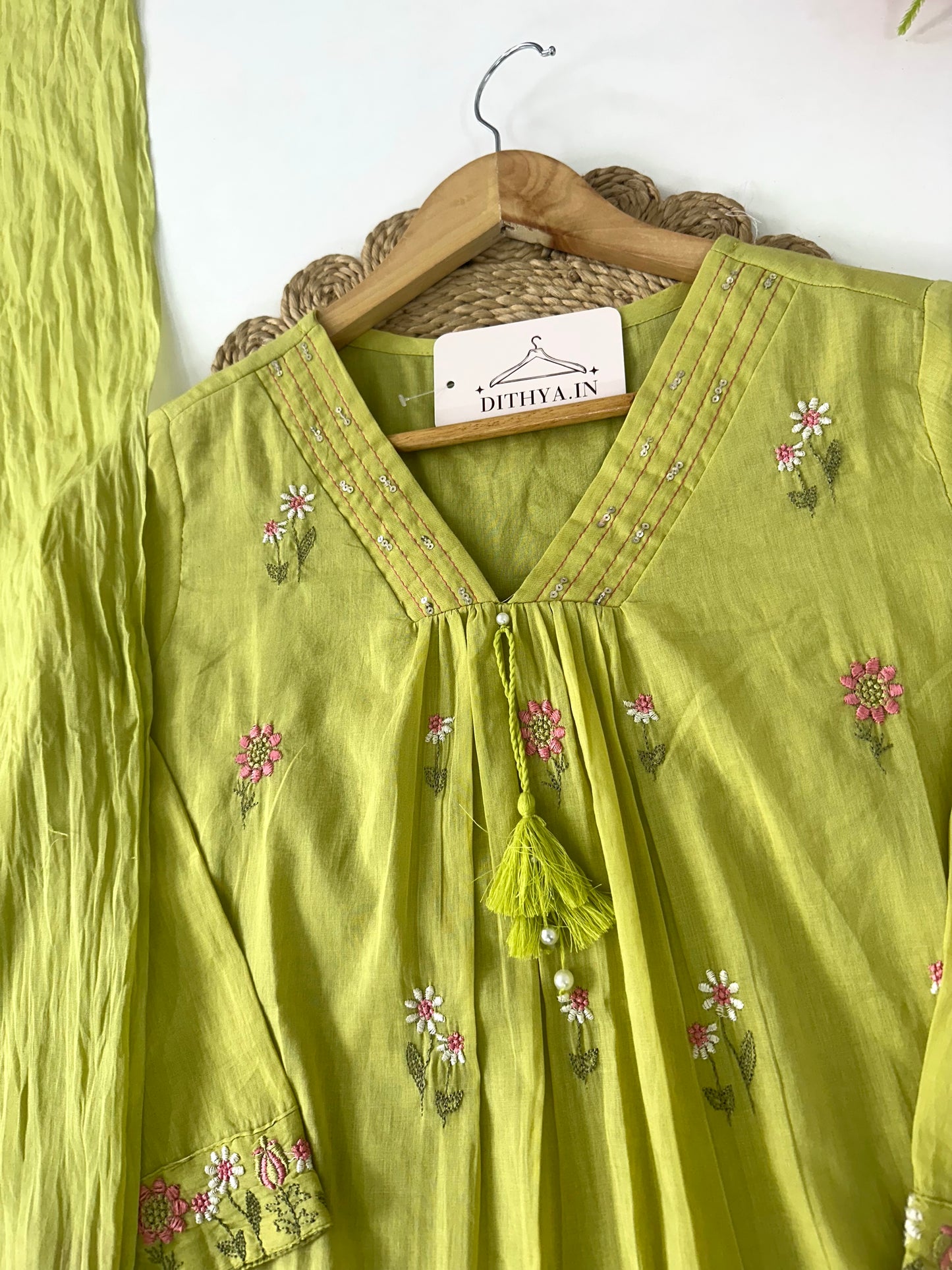 K395 - Mul cotton embroidered Aline Kurti with pants and dupatta in 3 colours