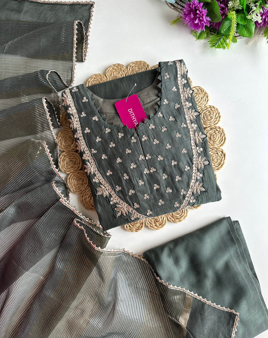 K072 - Mul Chanderi handwork Aline Kurti with pants and dupatta