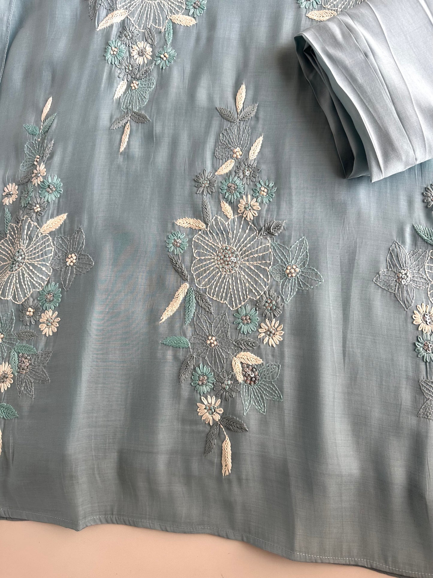 K319 - Mul Chanderi embroidered Aline Kurti with pants and dupatta