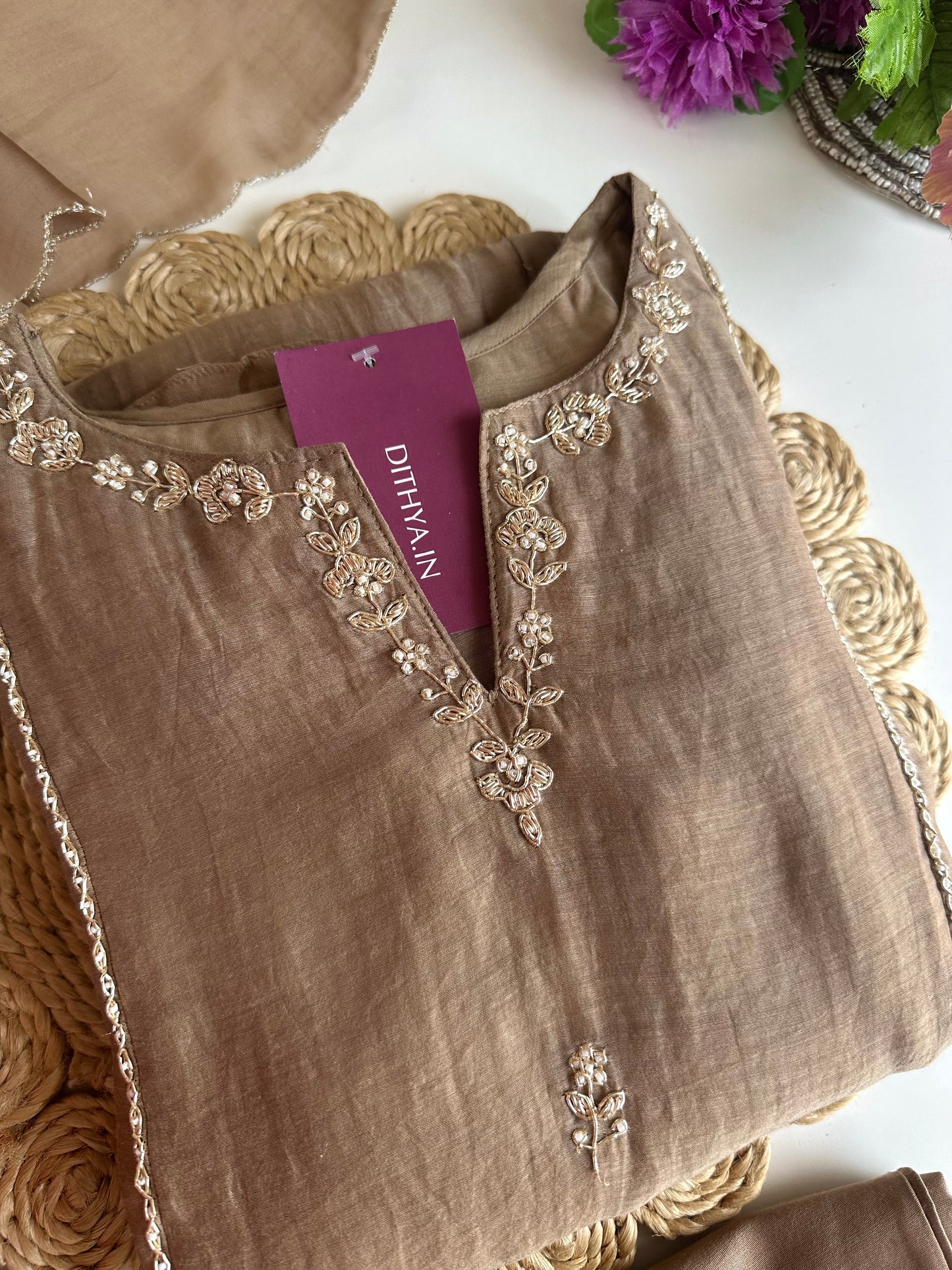 K160 - Mul Chanderi handwork Aline Kurti with pants and dupatta