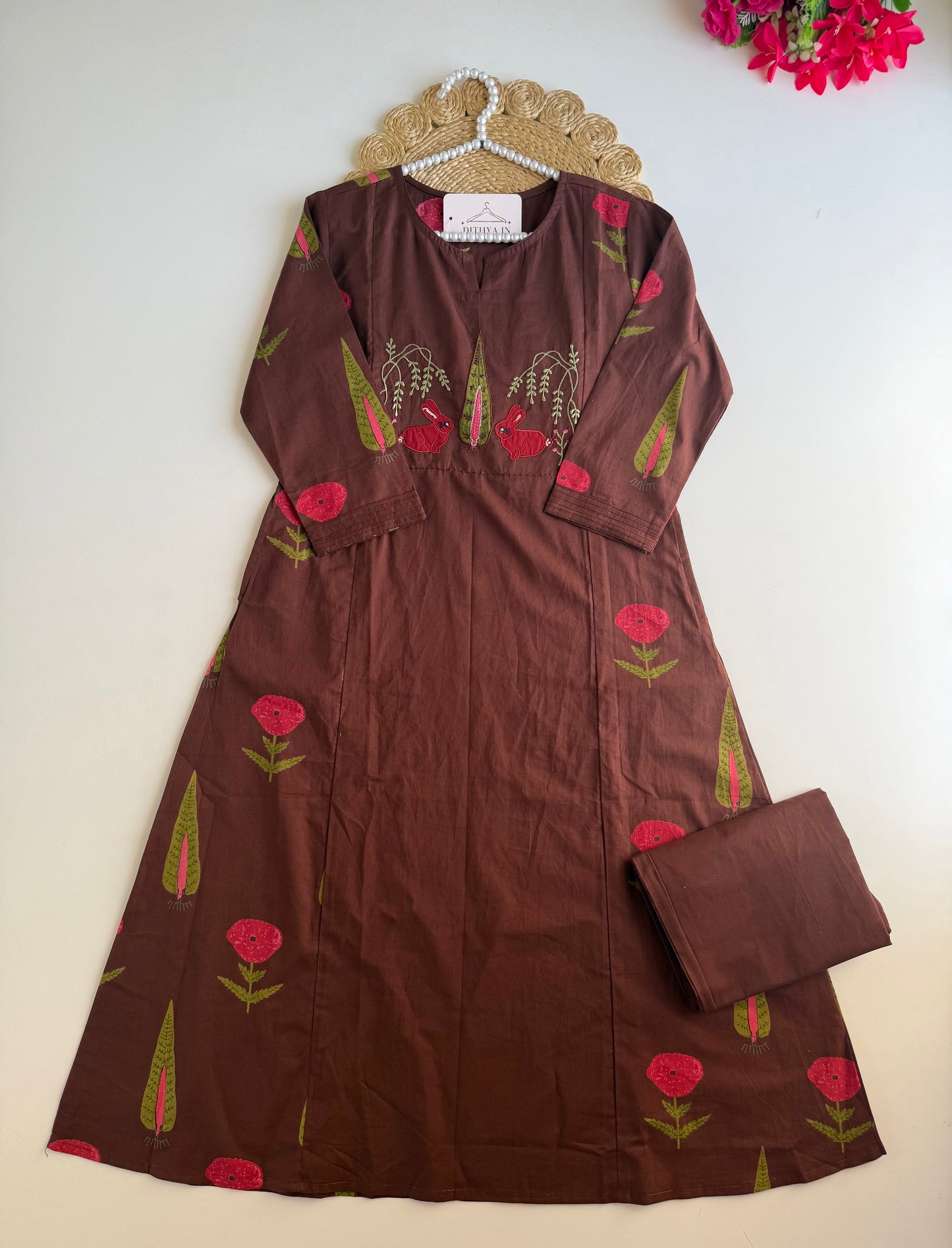 K587 - Mul cotton embroidered Aline Kurti with pants and dupatta