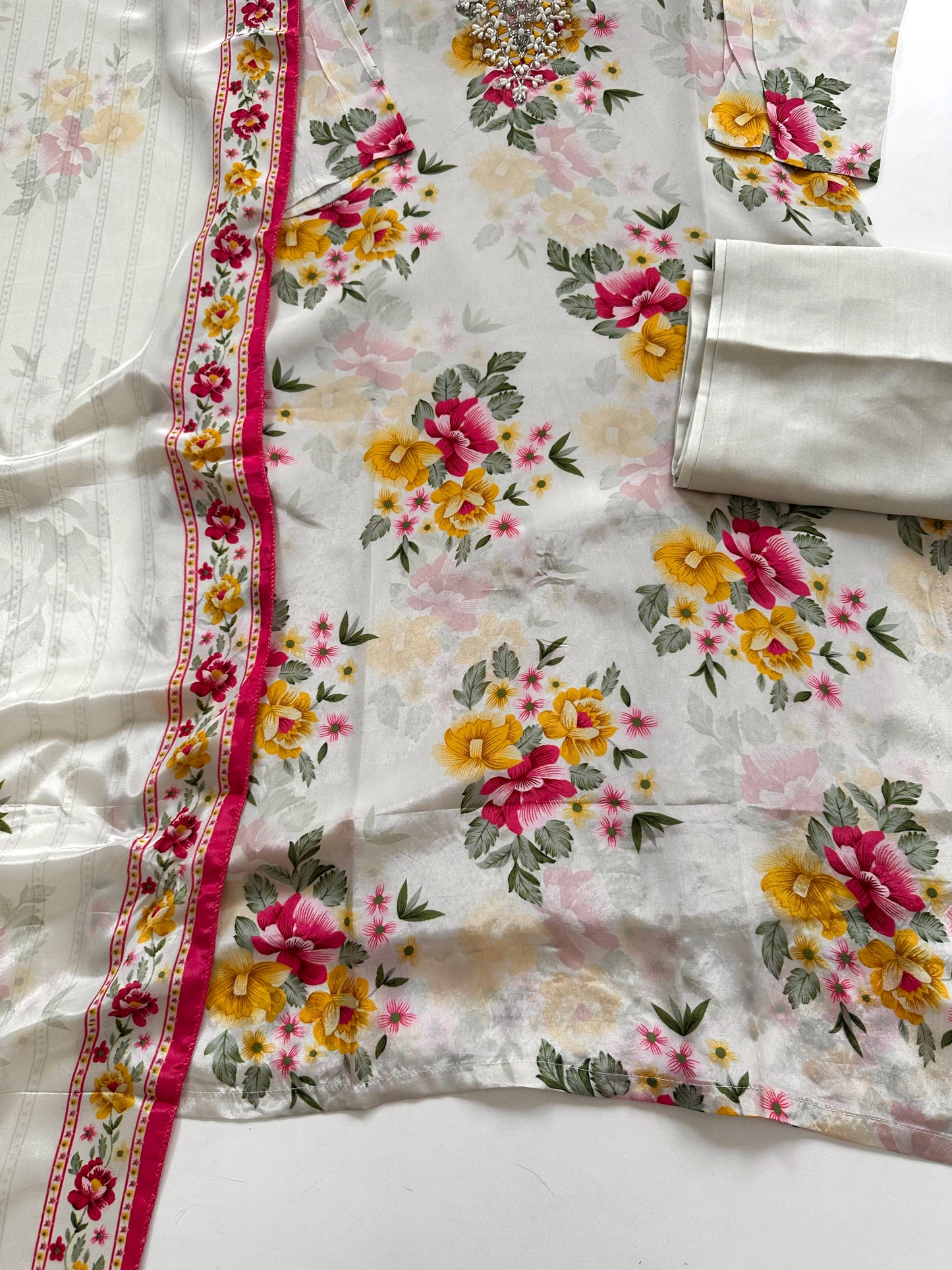 K083 - Viscose organza handwork straight Kurti with pants and dupatta