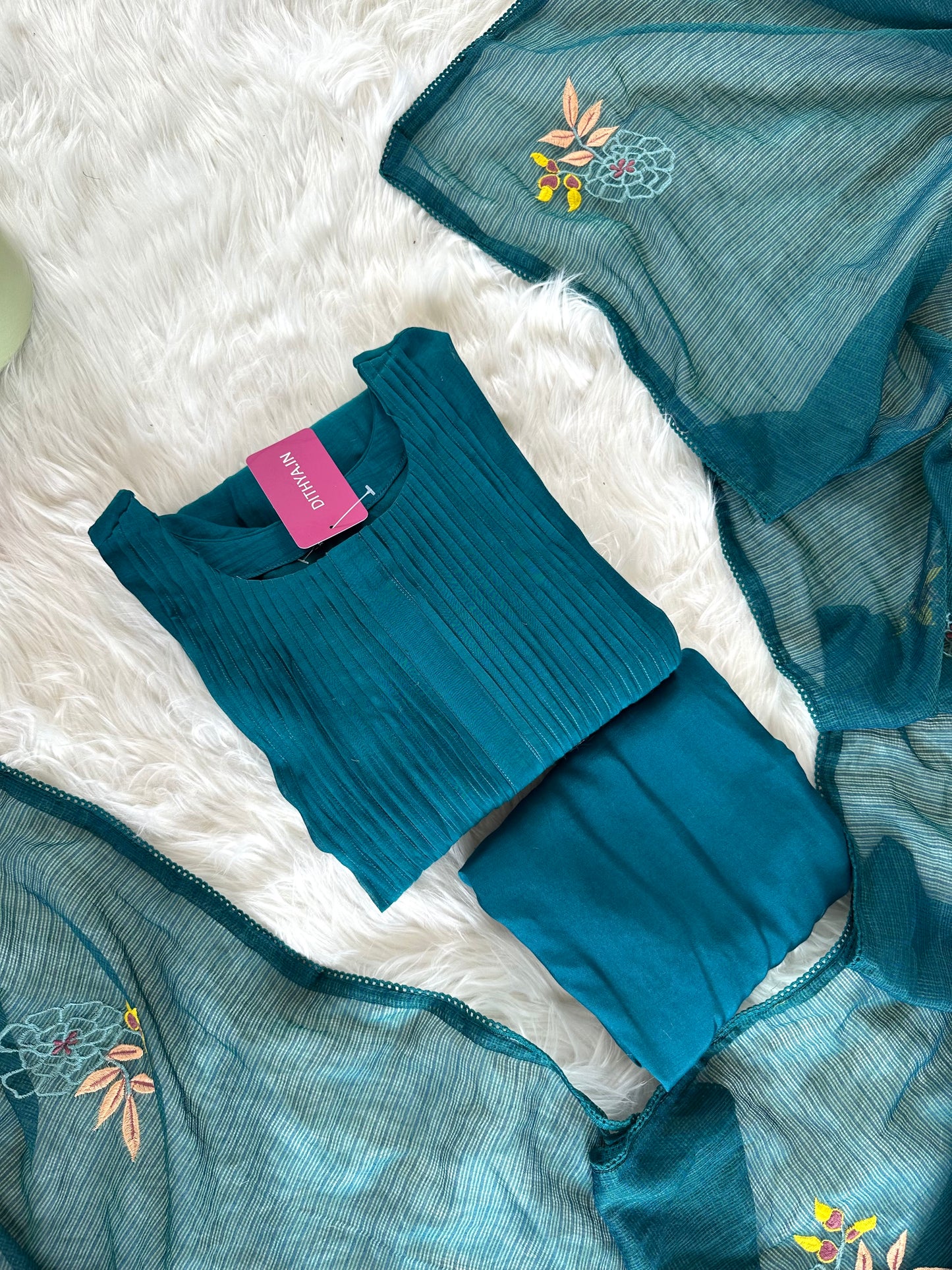 K294 - Mul Chanderi Appliqué work Aline Kurti with pants and dupatta in 2 colours