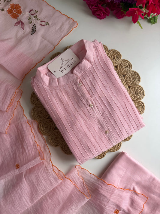 K703 - Mul chanderi embroidered Aline Kurti with pants and dupatta