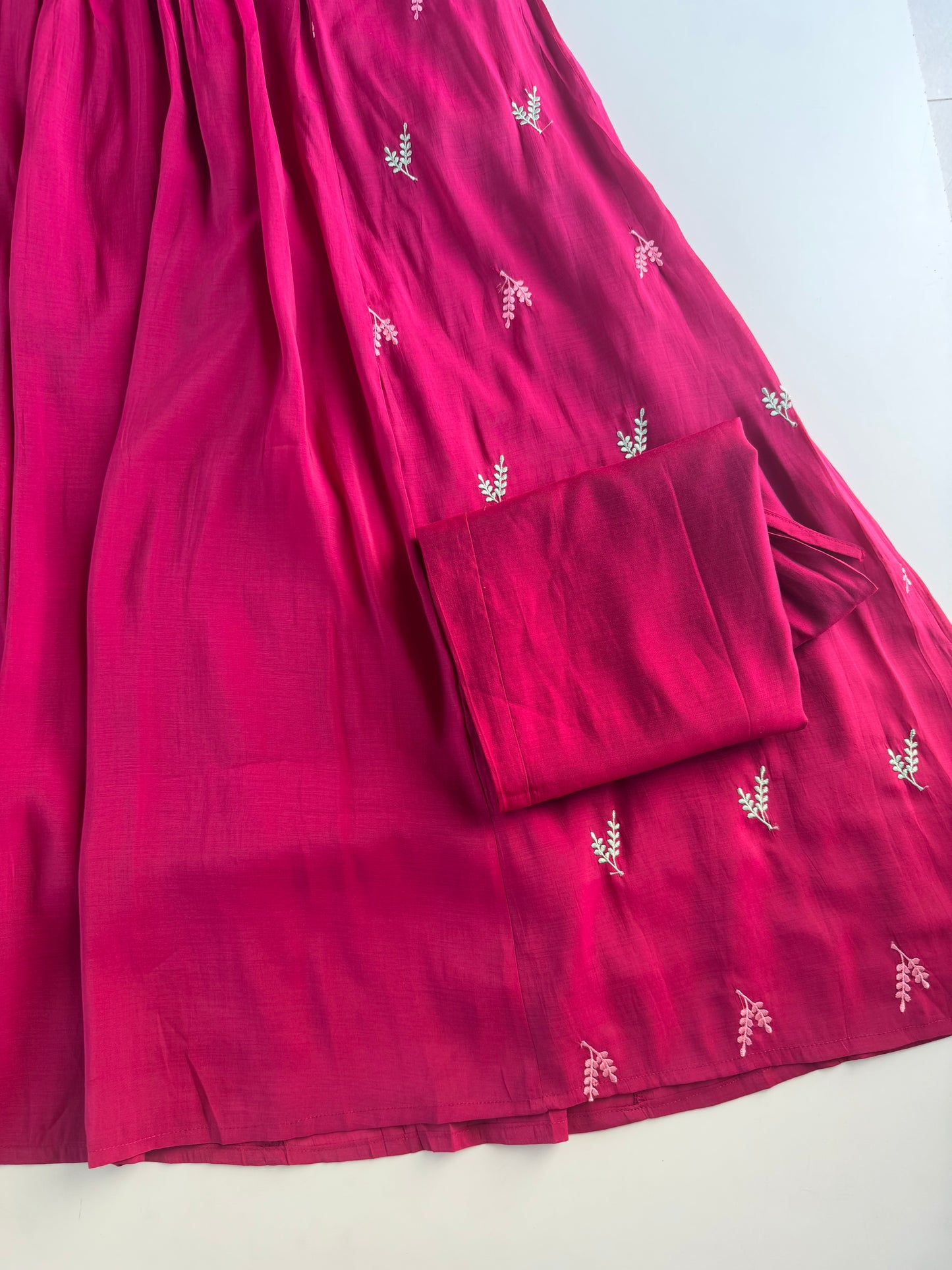 K477 - Mul chanderi appliqué work embroidered Anarkali with pants and dupatta