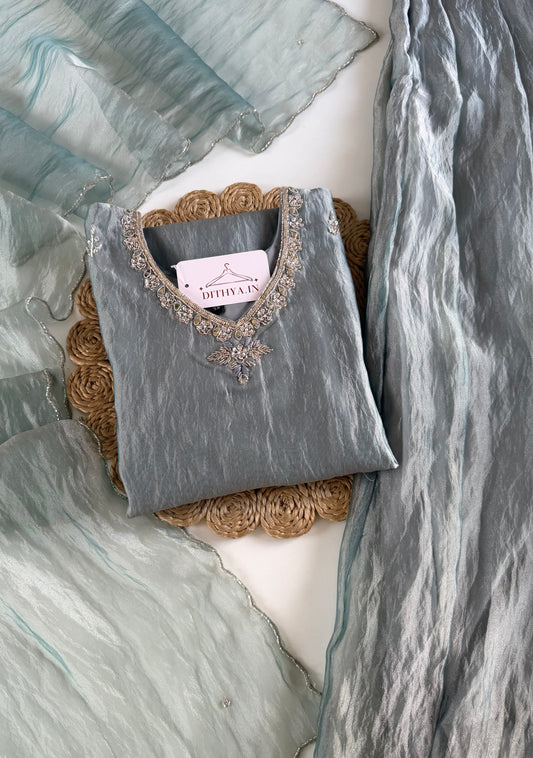 K646 - Glass tissue silk handwork short Kurti with divider pants and dupatta