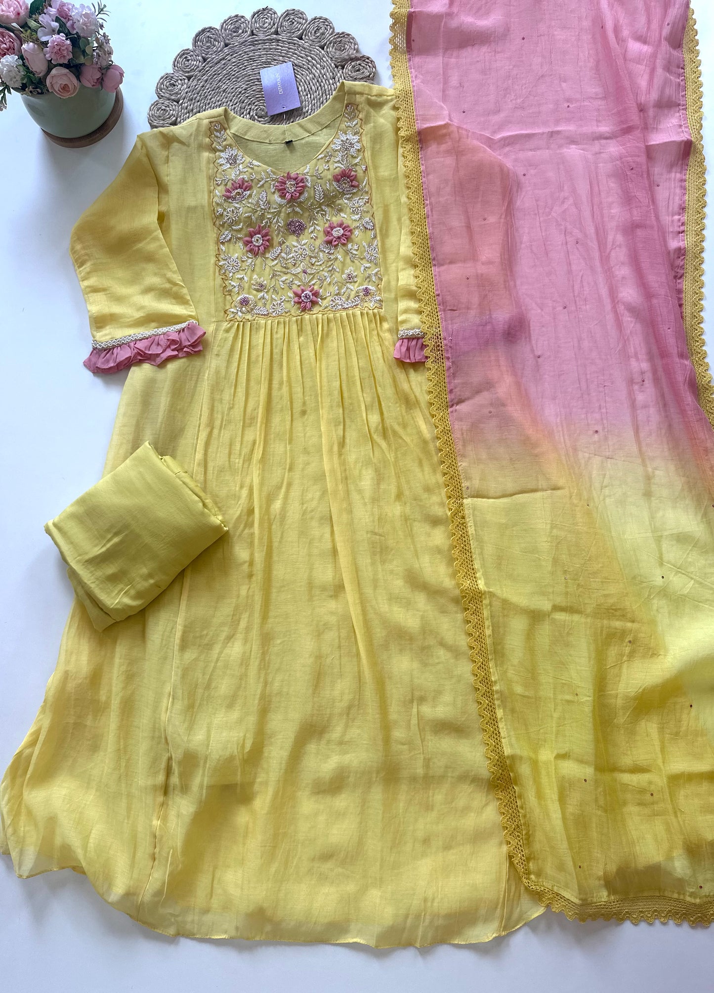 K034 - Pure mul Chanderi Handwork Anarkali with pants and ombre dupatta .