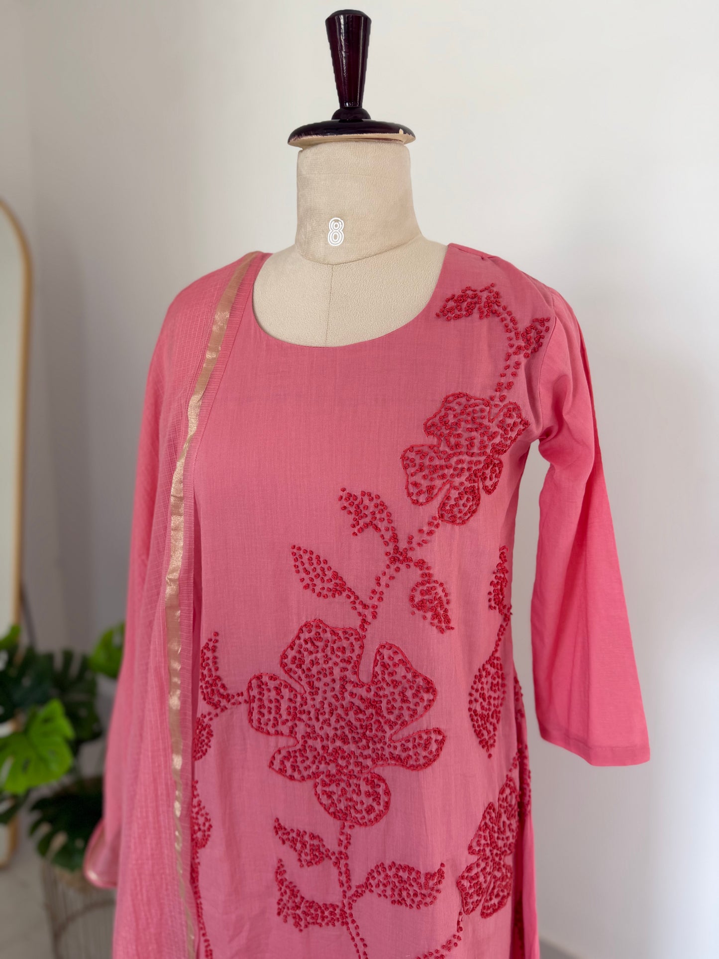 K495 - Mul chanderi embroidered Aline Kurti with pants and dupatta