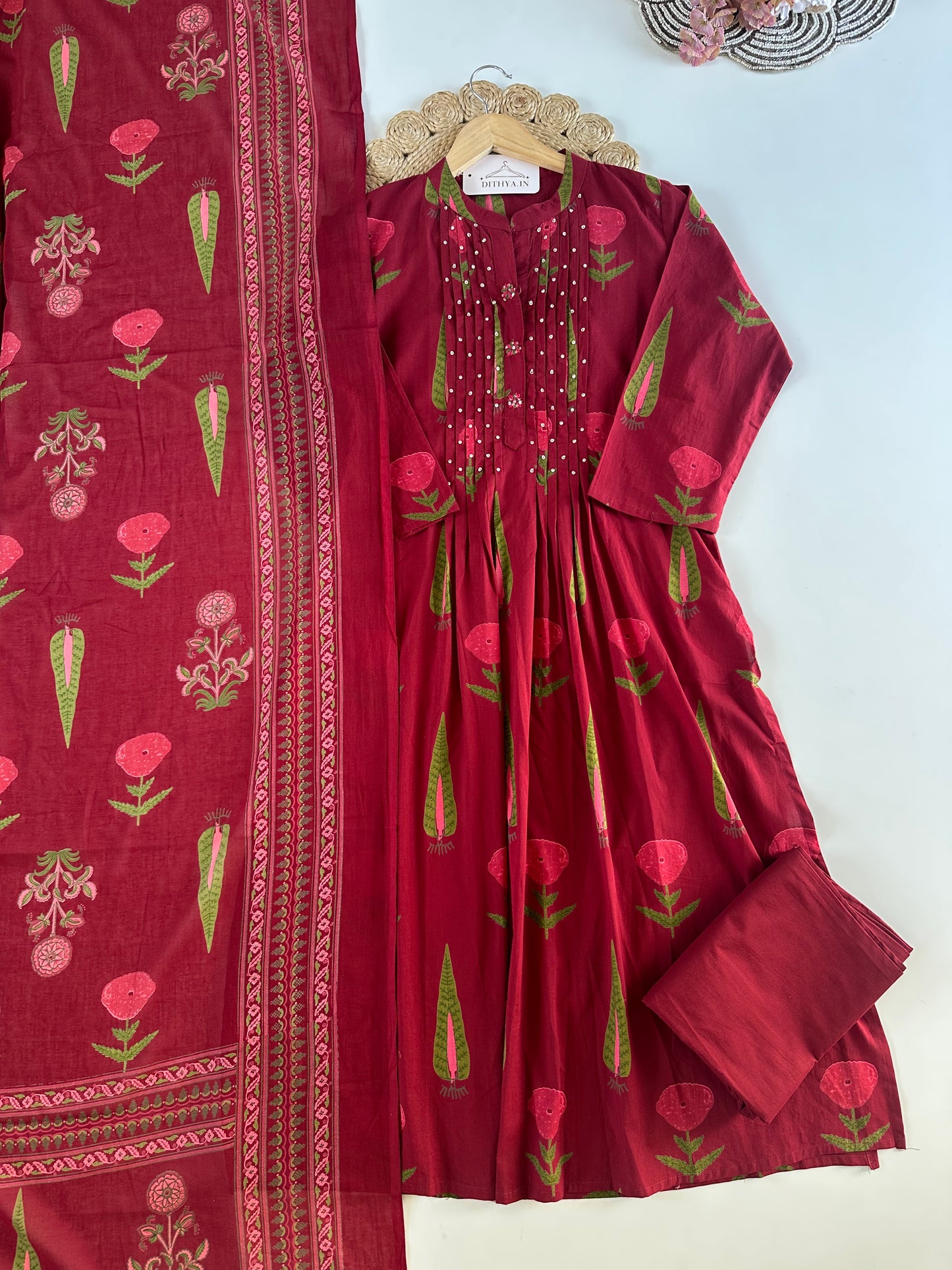 K693 - Mul cotton embroidered Aline Kurti with pants and dupatta