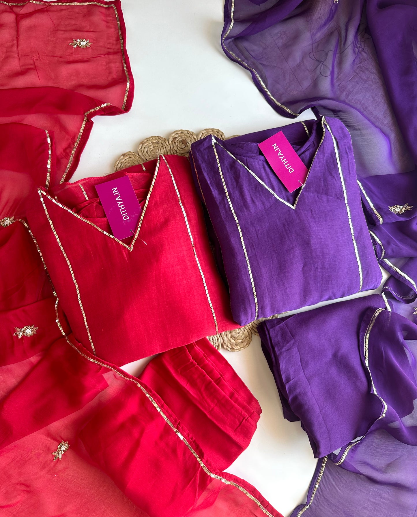 K070 - Mul Chanderi handwork Aline Kurti with pants and dupatta
