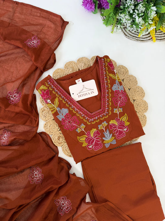 K100 - Mul cotton embroidered aline Kurti with pants and dupatta in 2 colours