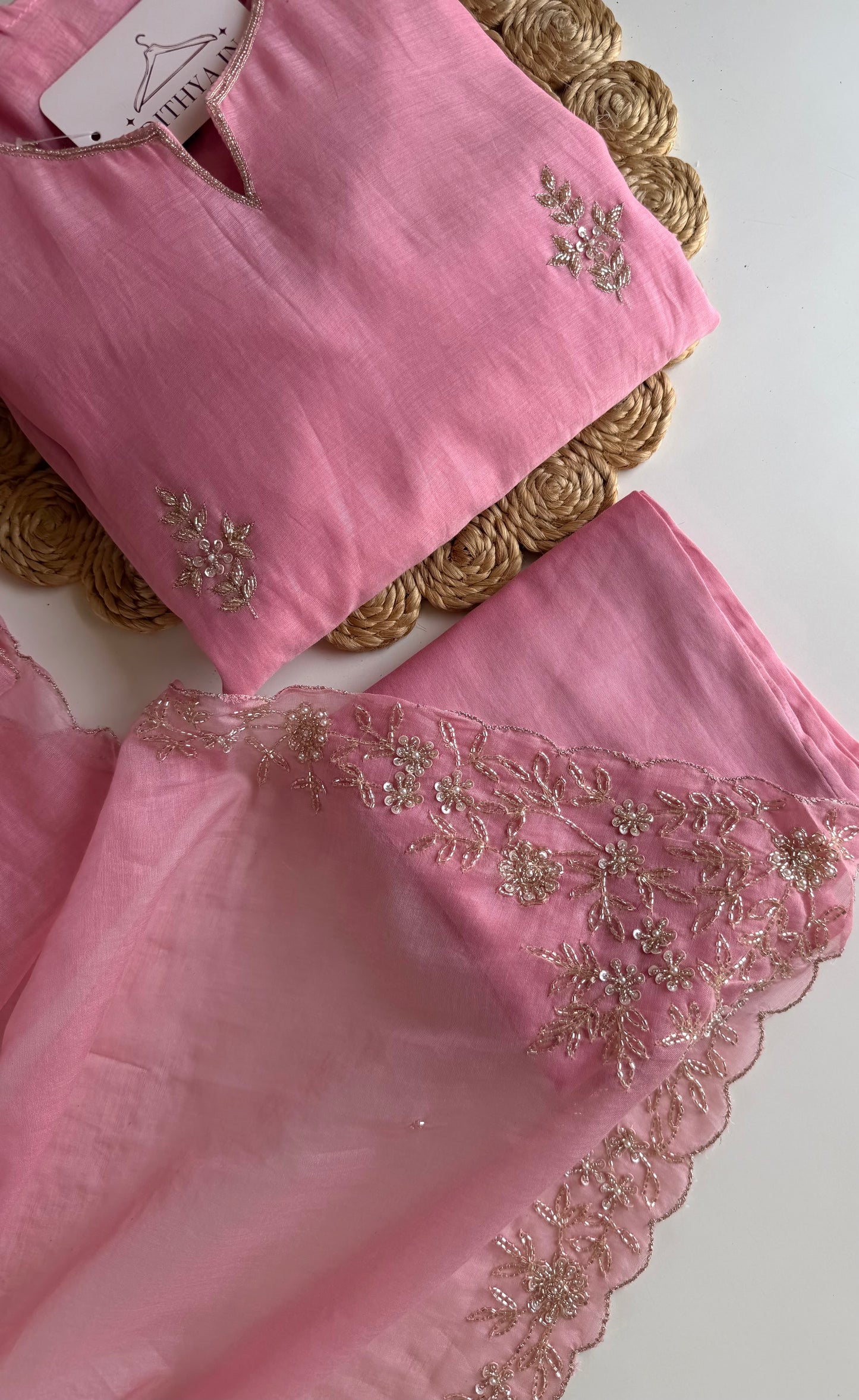 K639 - Mul chanderi handwork aline Kurti with pants and dupatta