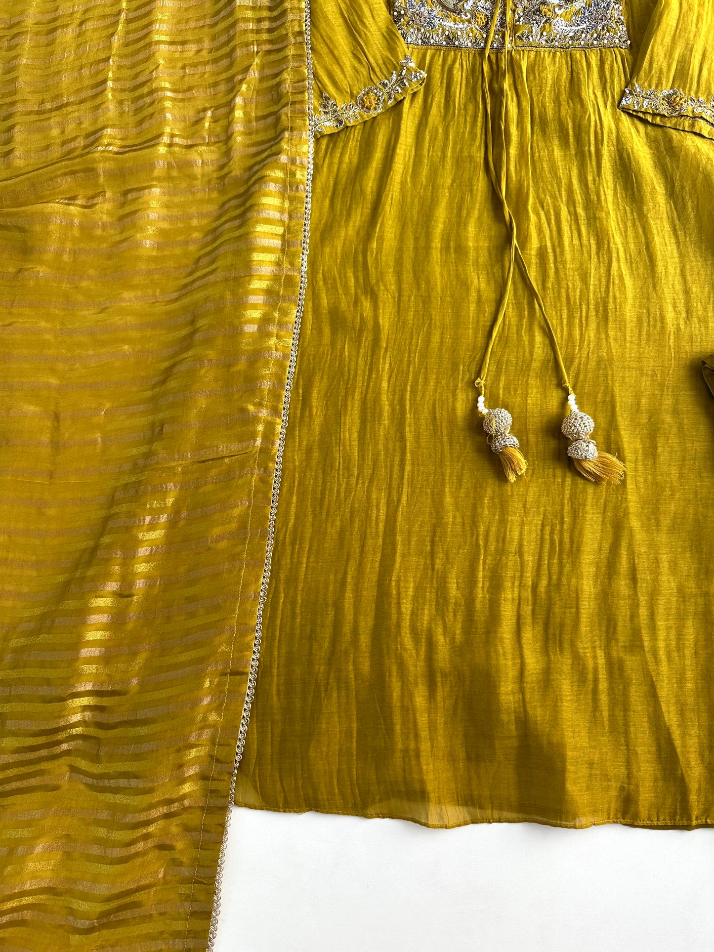 K102 - Mul Chanderi handwork Aline Kurti with pants and dupatta in 2 colours