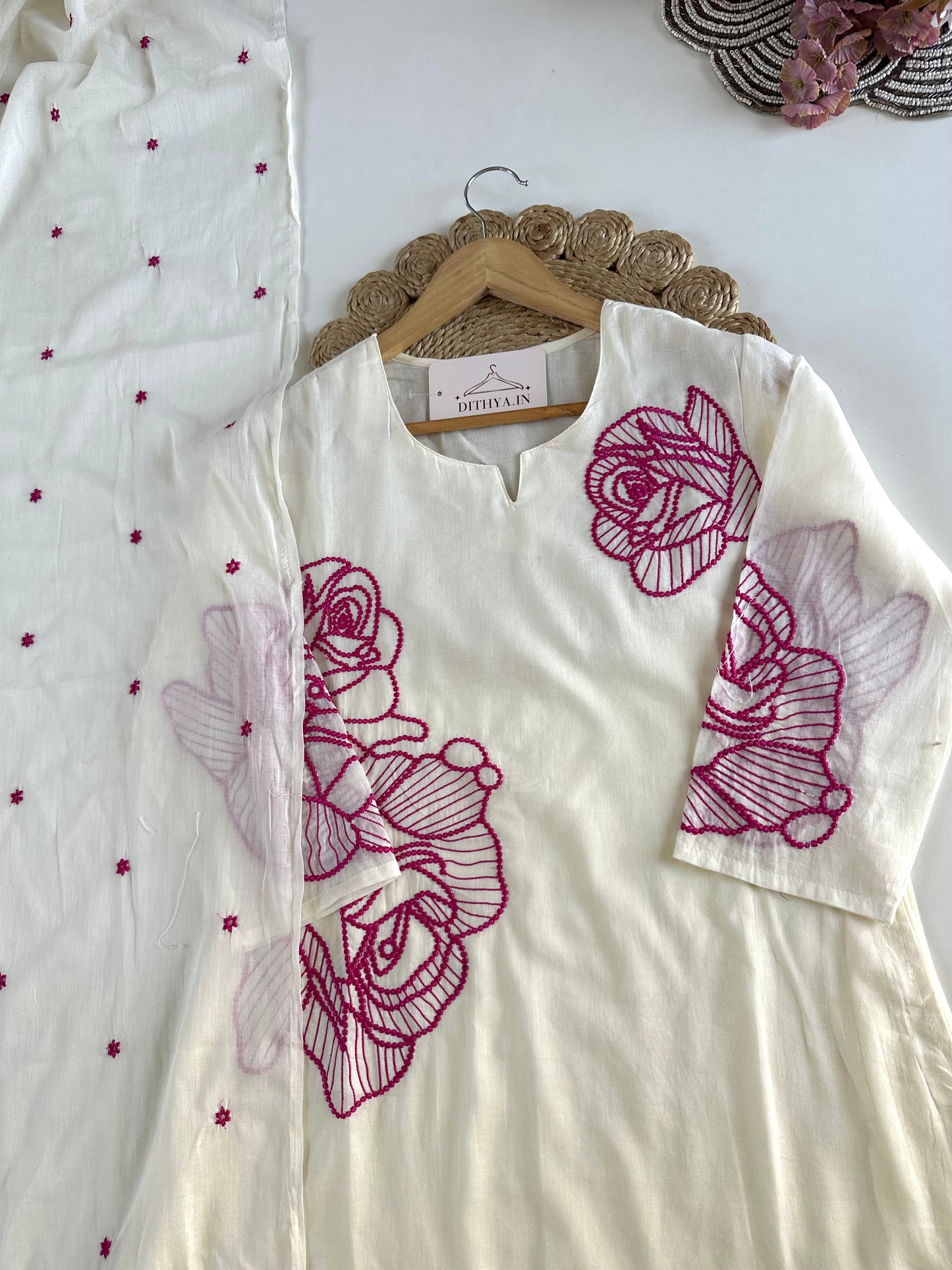 K449 - Mul cotton embroidered Aline Kurti with pants and dupatta