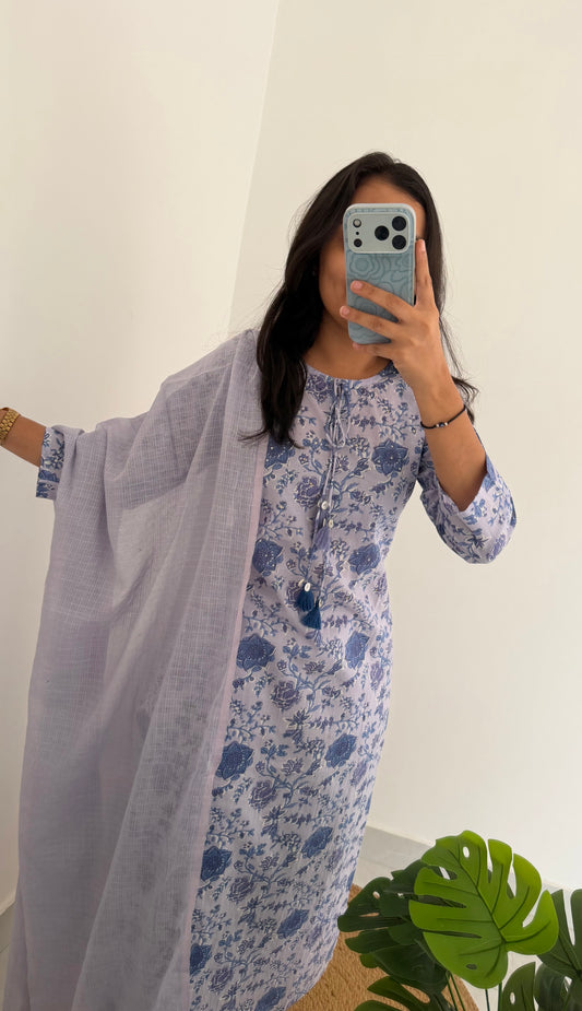 K103 - Mul cotton embroidered straight Kurti with pants and kota doriya dupatta