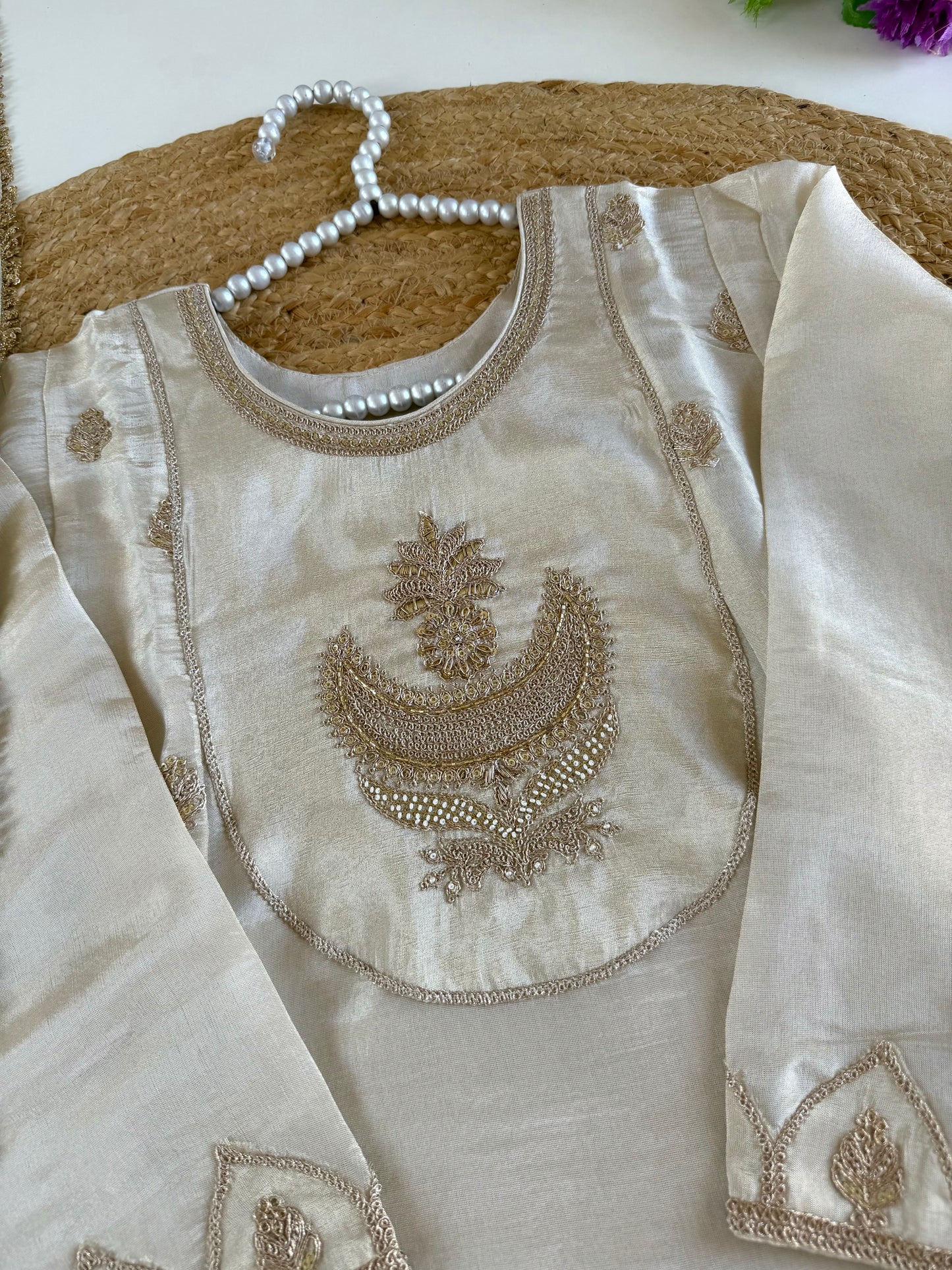 K028 - Tissue silk zari work aline Kurti with pants and dupatta
