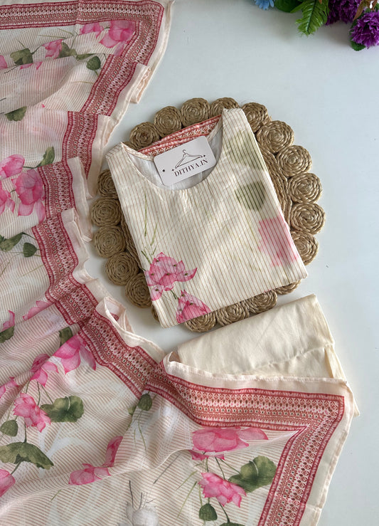 K518 - Mul cotton floral straight Kurti with pants and dupatta