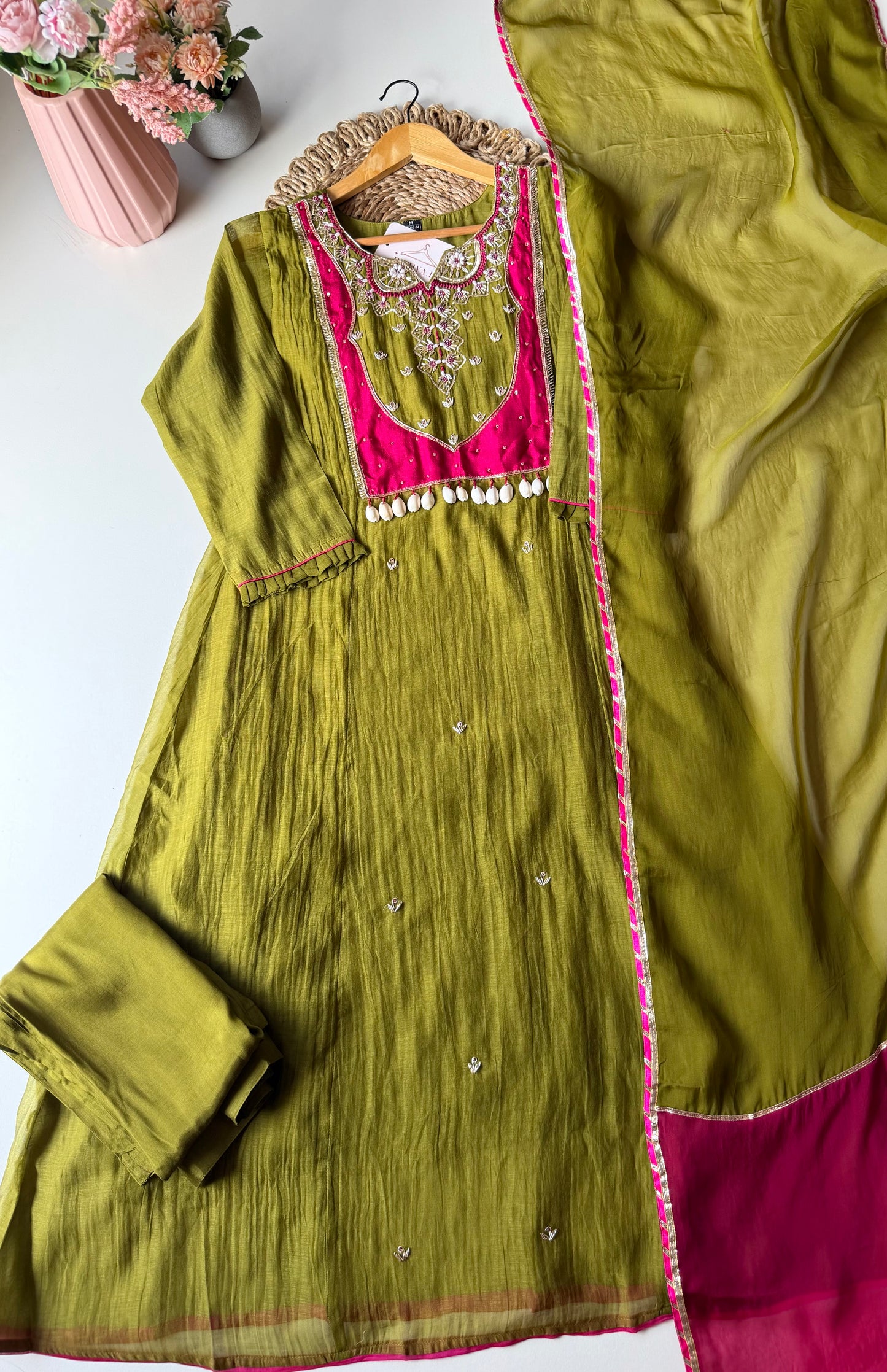 K051 - Mul chanderi handwork Anarkali with pants and dupatta