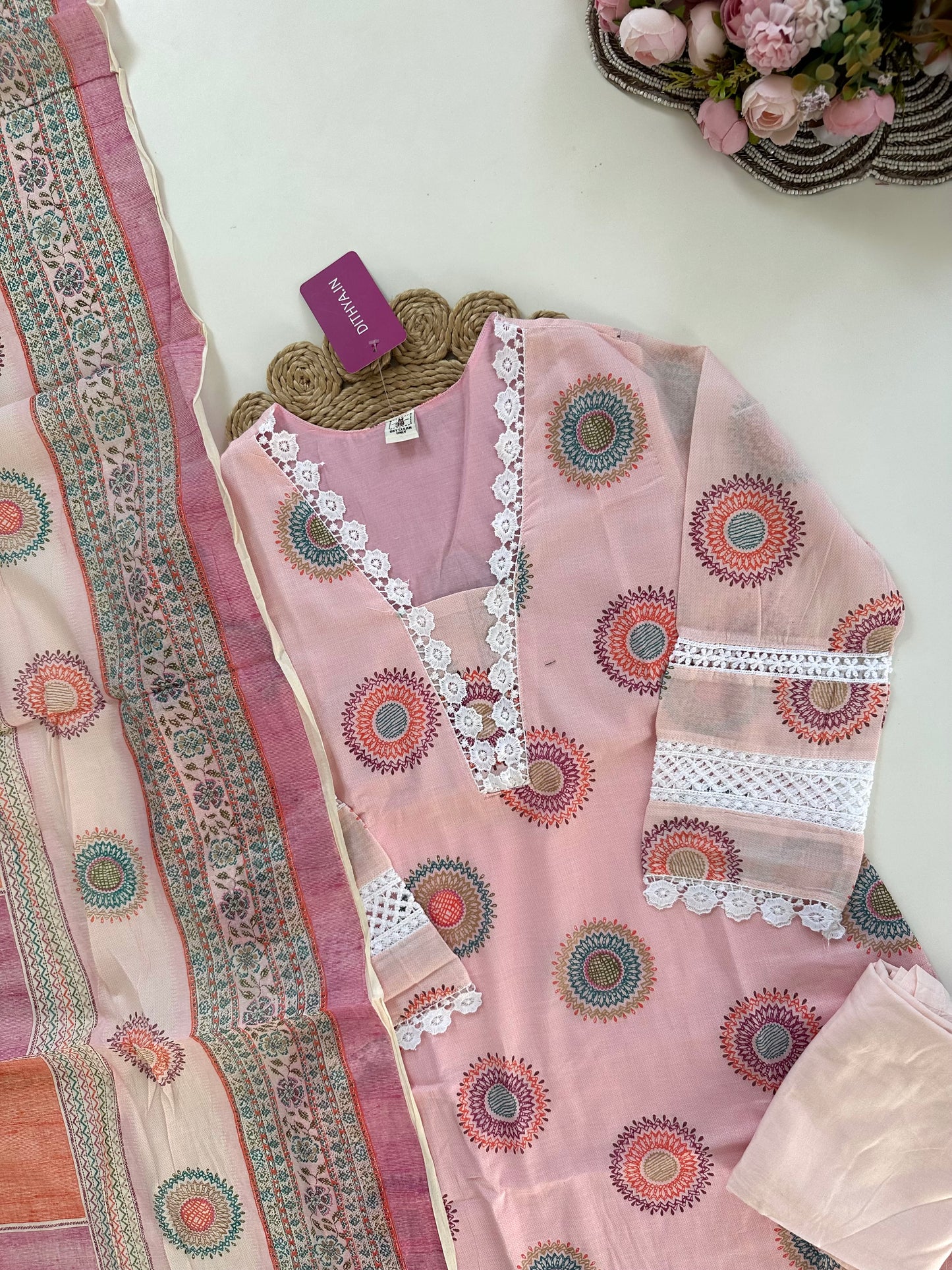 K420 - Cotton embroidered straight Kurti with pants and dupatta in 2 colours