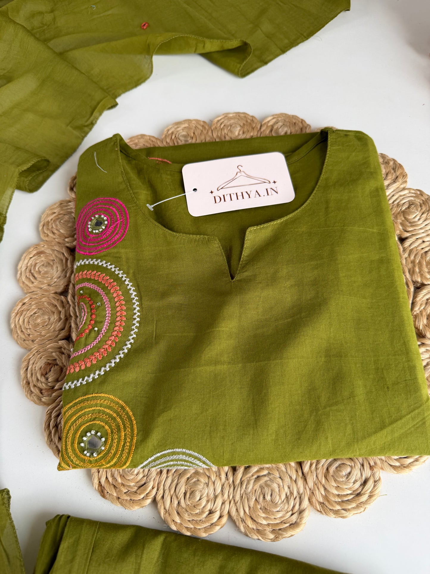 K668 - Mul cotton embroidered straight Kurti with pants and dupatta