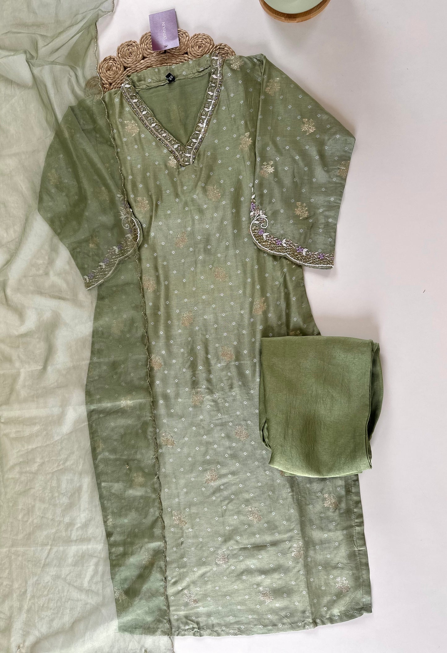 K037 - Dola Silk self weaving straight kurti with pants and organza dupatta.