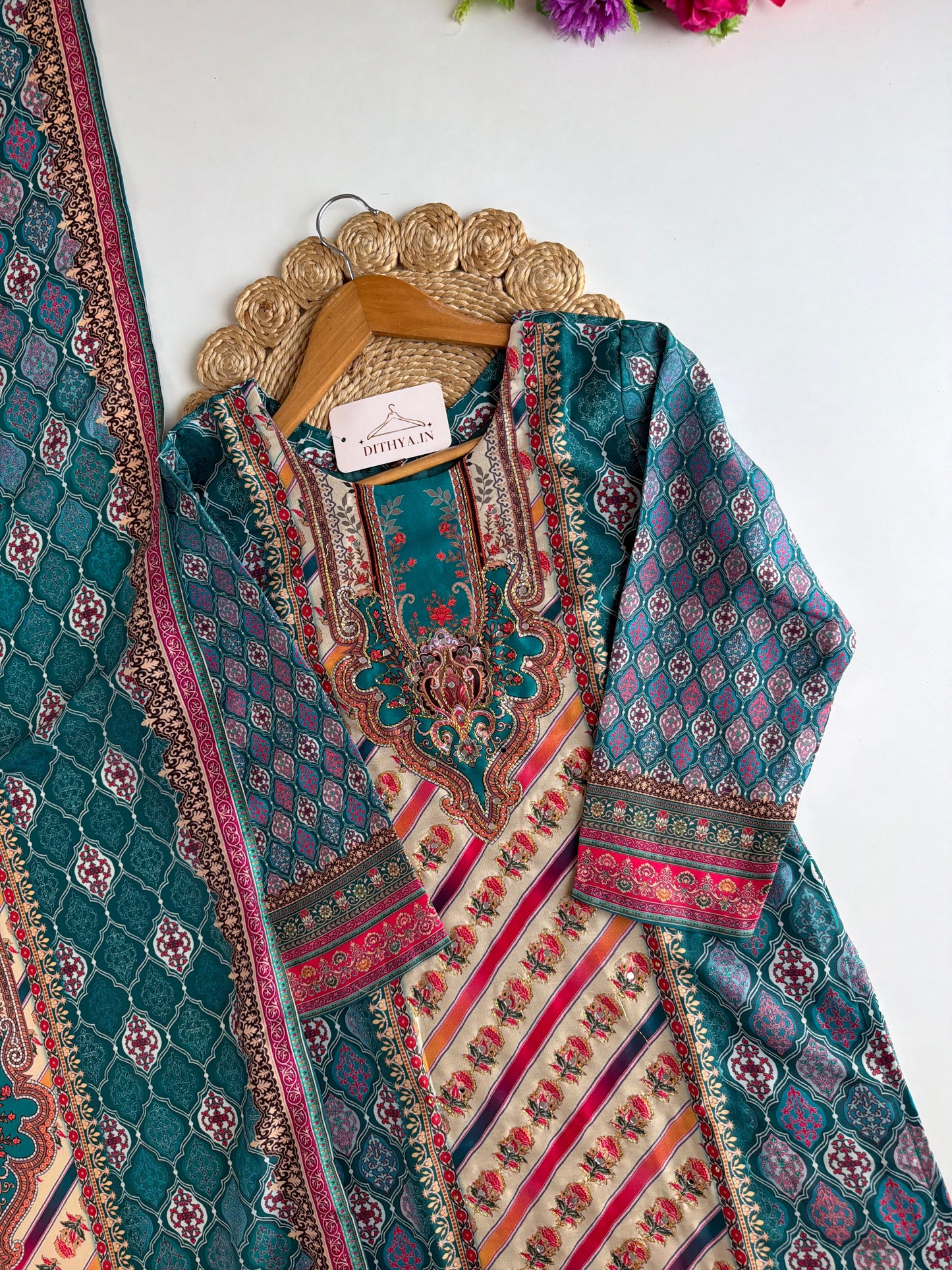 K639 - Muslin printed straight Kurti with pants and dupatta