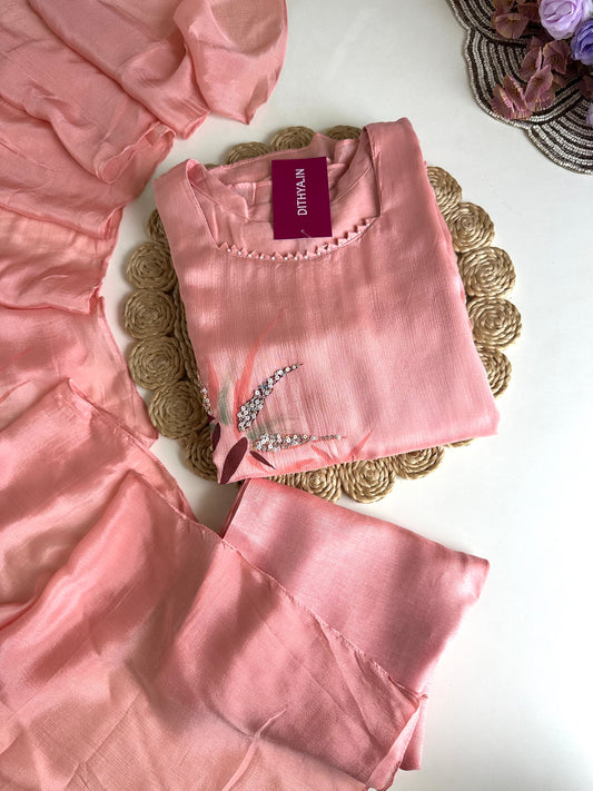 K051 - Pure Chinnon handwork Aline Kurti with pants and dupatta
