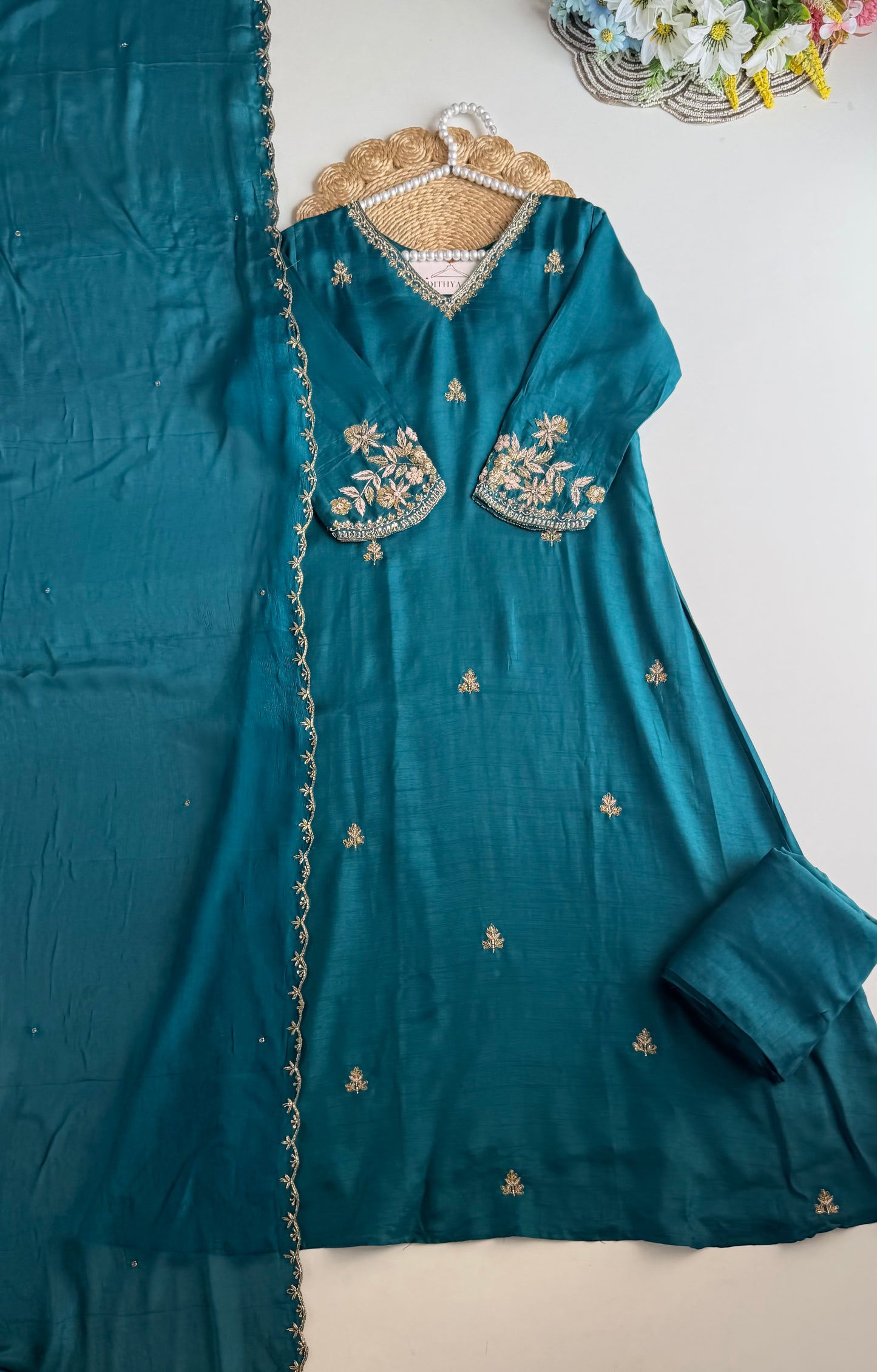 K126 - Russian silk handwork Aline Kurti with pants and dupatta in 2 colours