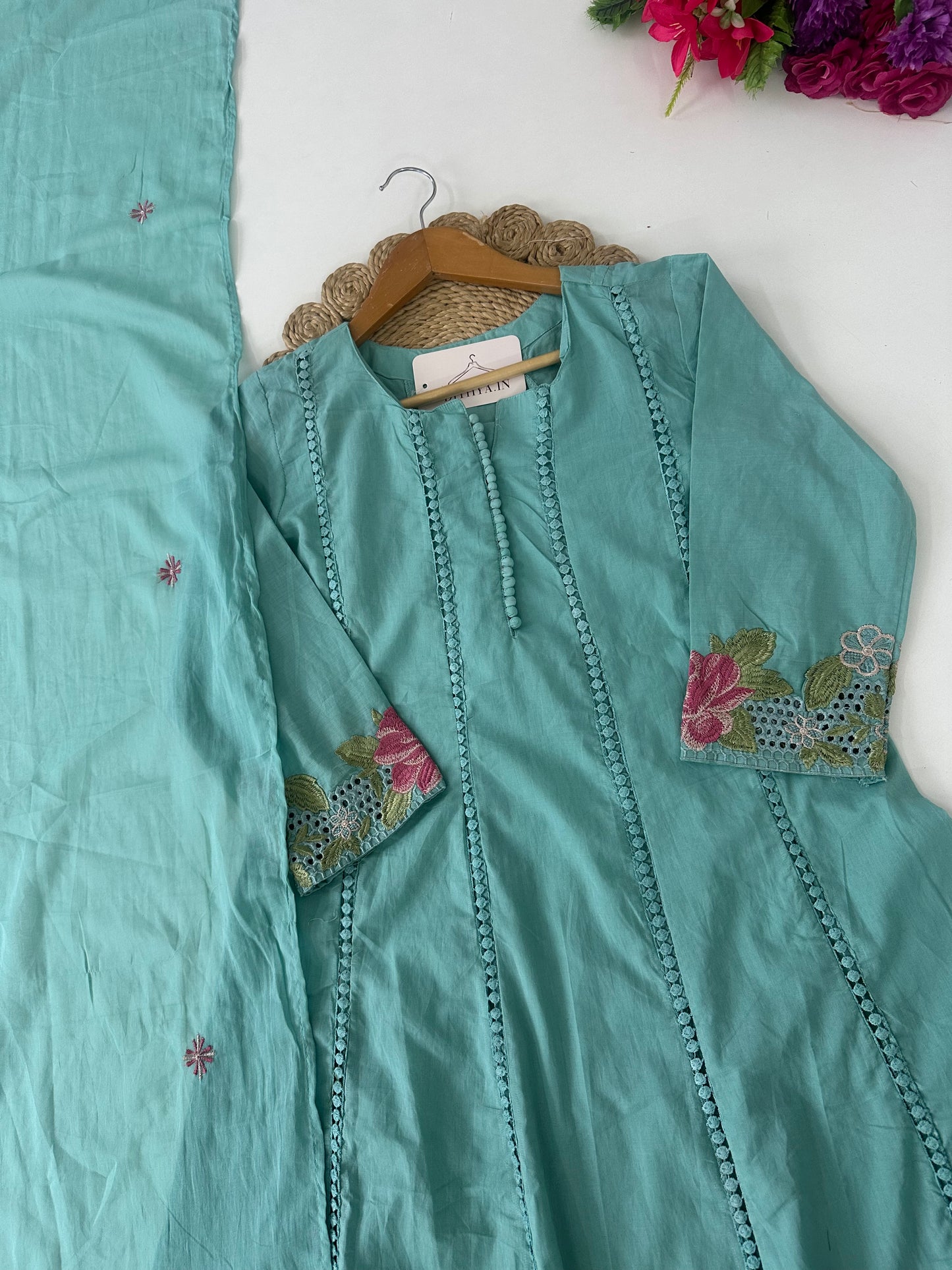 K223 - Mul cotton embroidered Aline Kurti with pants and dupatta