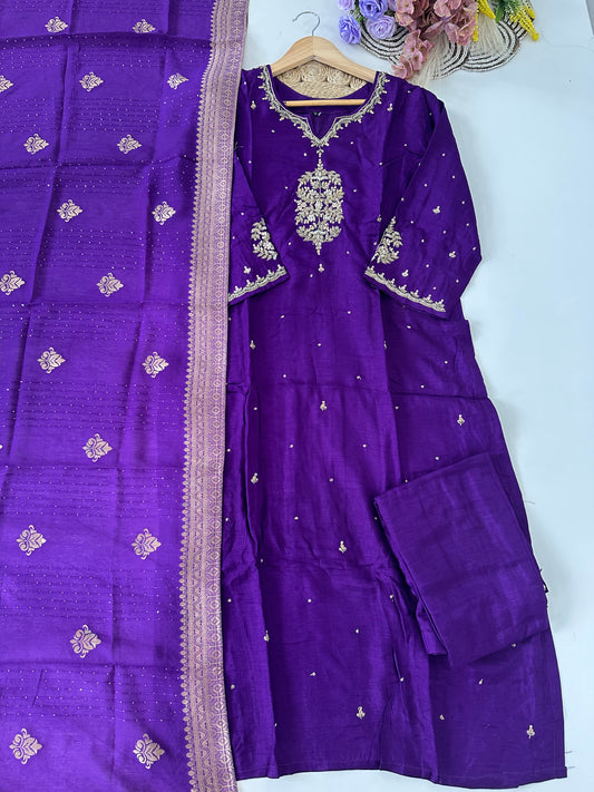 D406-Dola silk straight kurti with pants and dupatta