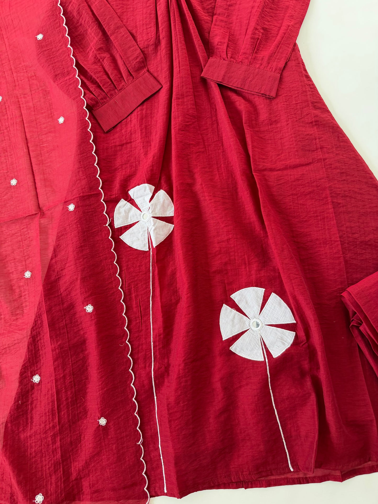 K532 - Muslin silk embroidered Aline Kurti with pants and dupatta in 2 colours