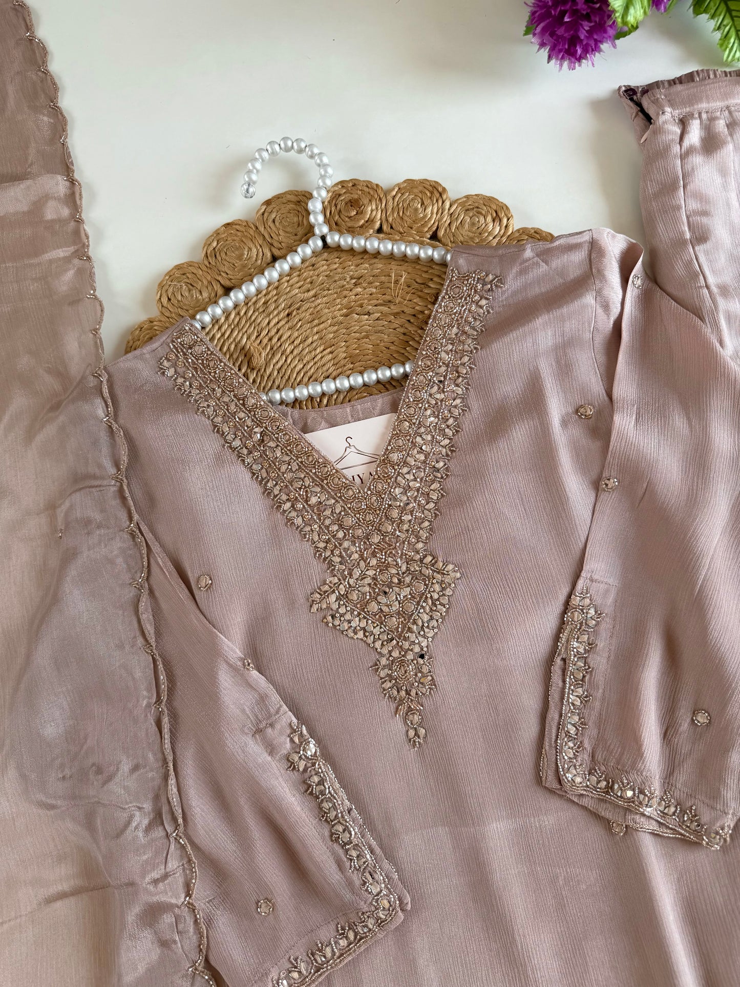 K514-Pure Chinnon handwork short Kurti with divider pants and dupatta