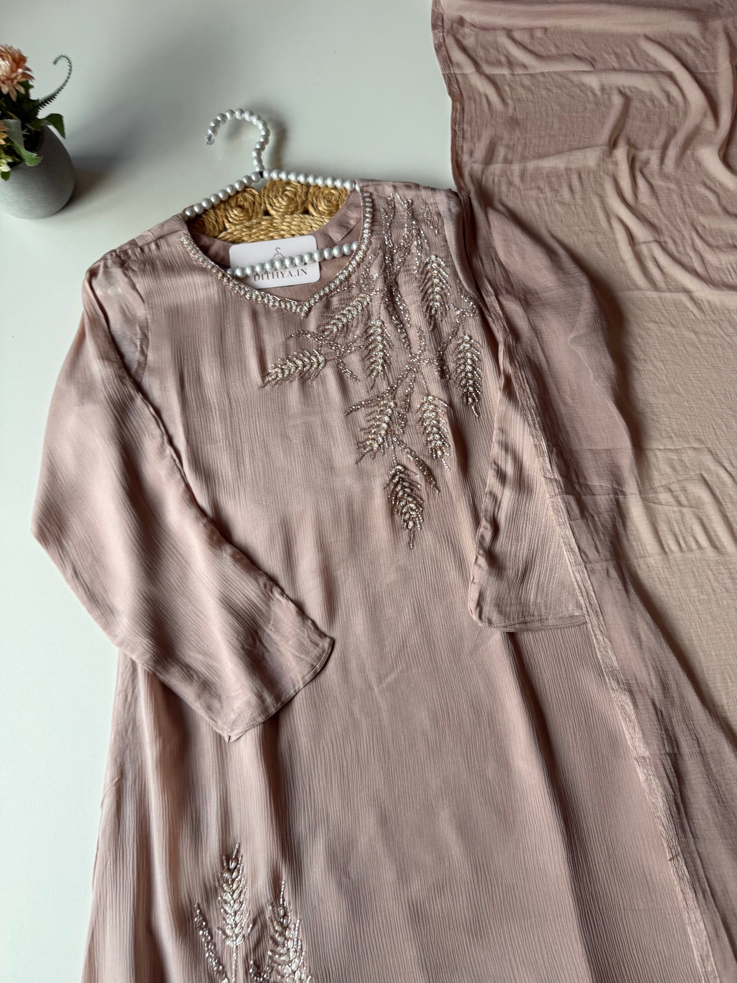 K482 - Pure Chinnon handwork aline Kurti with pants and dupatta