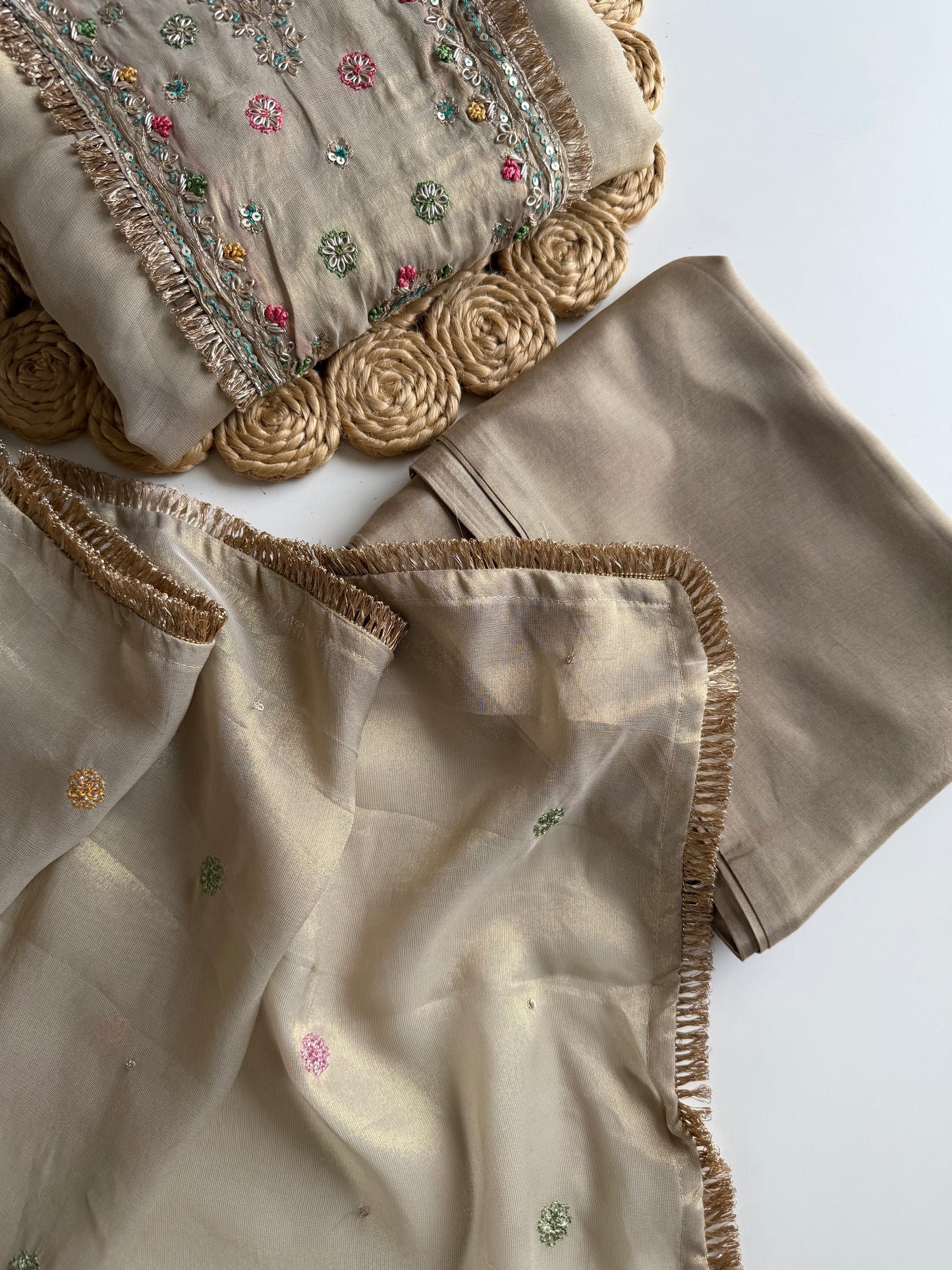 K607 - Tissue silk handwork aline Kurti with pants and dupatta