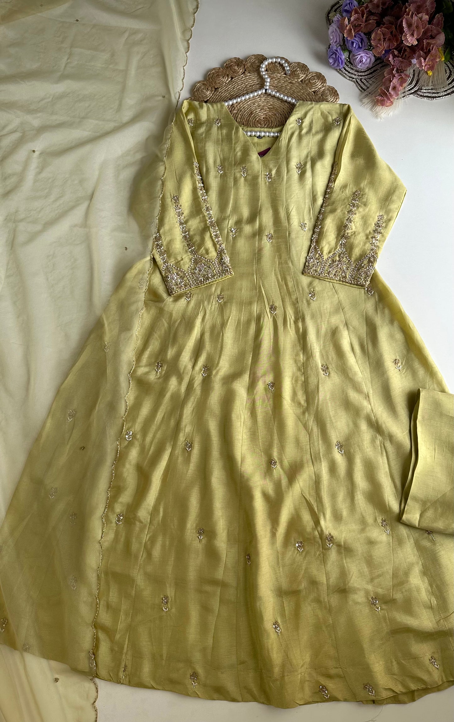 K135 - Russian silk handwork Anarkali with pants and dupatta