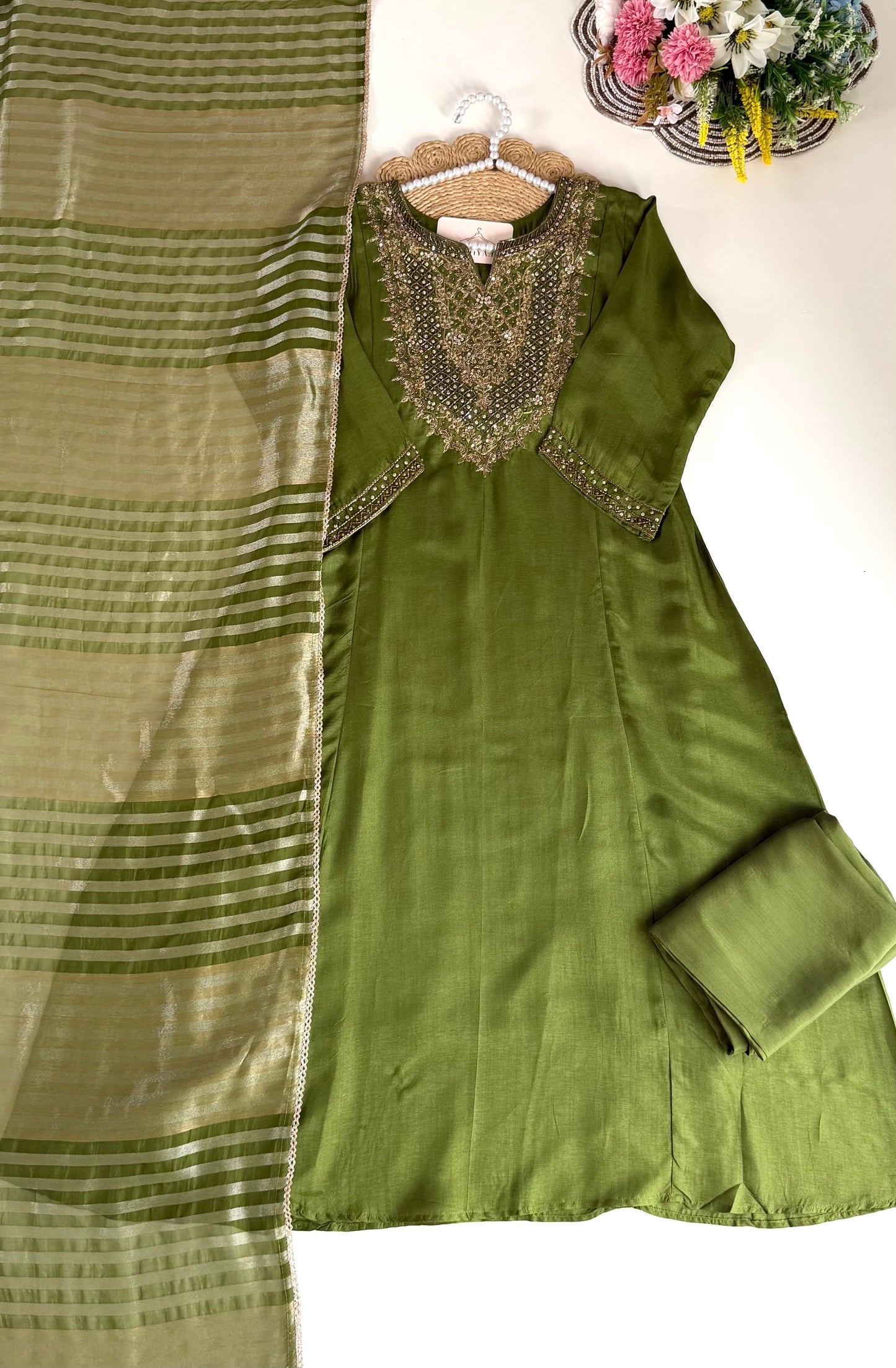 K675 - Russian silk handwork aline kurti with pants and dupatta