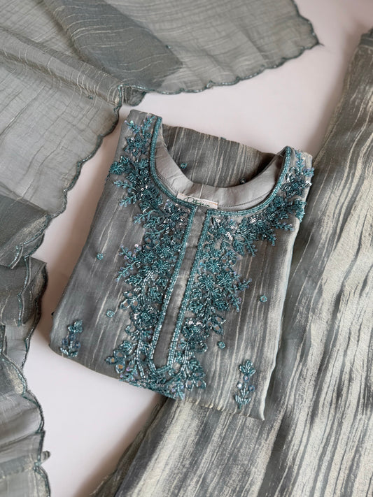 K549 - Crushed tissue silk handwork straight Kurti with divider pants and dupatta