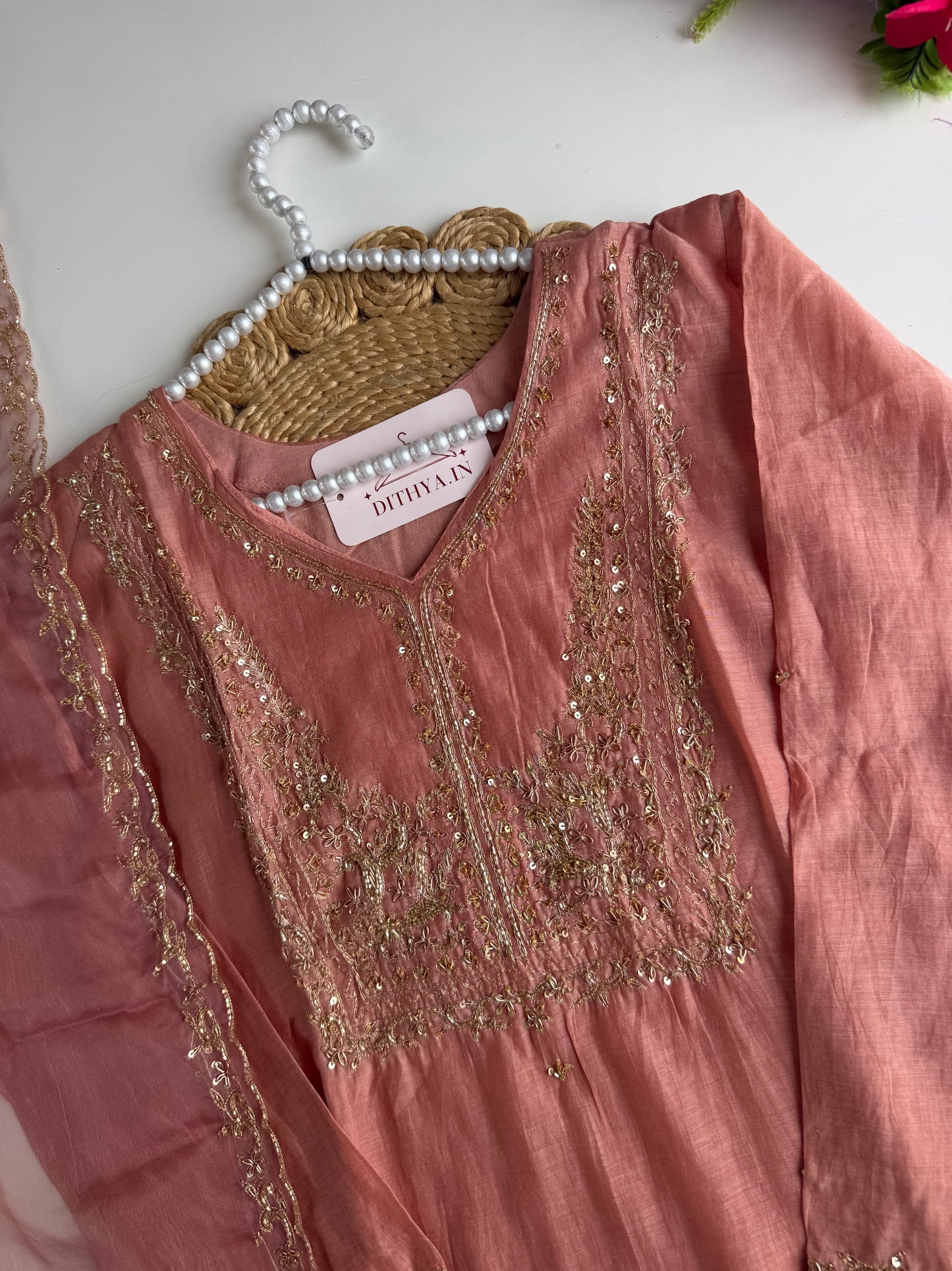 K372 - Mul chanderi handwork aline Kurti with pants and dupatta