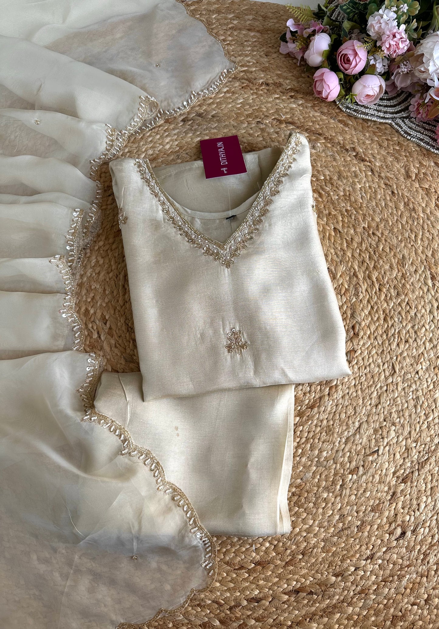 K415 - Russian silk handwork straight Kurti with pants and dupatta