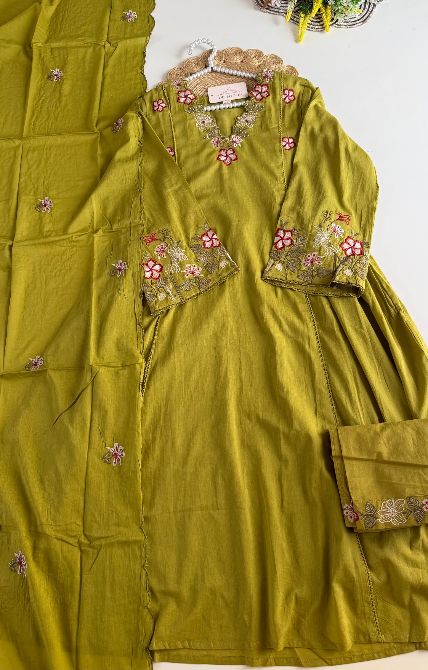 K681 - Mul cotton embroidered Anarkali with pants and dupatta