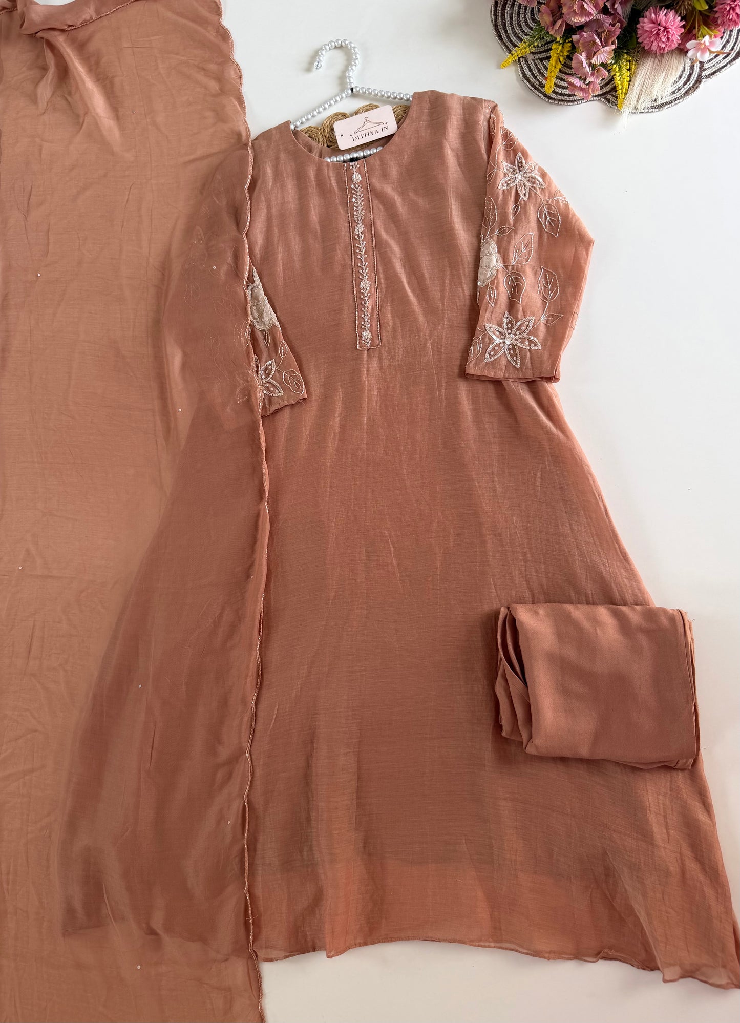K181 - Mul chanderi handwork Aline Kurti with pants and dupatta in 2 colours