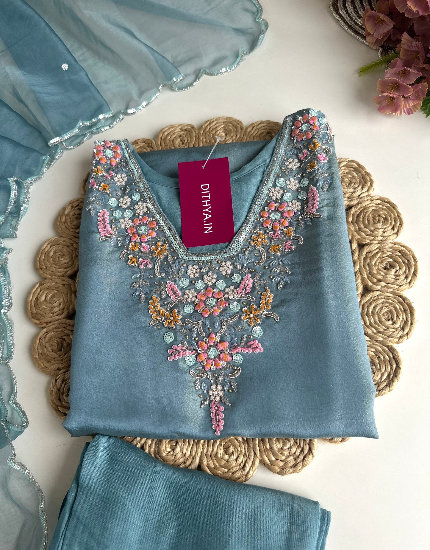 K138 - Tissue silk handwork straight Kurti with pants and dupatta