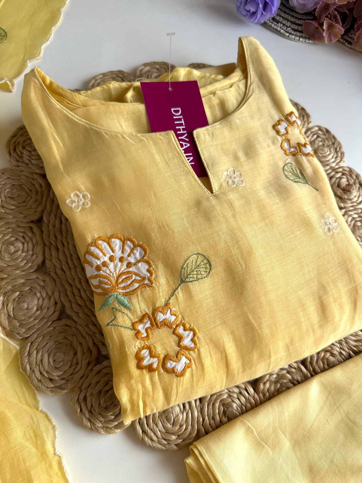 K086 - Mul Chanderi Appliqué work Aline Kurti with pants and dupatta