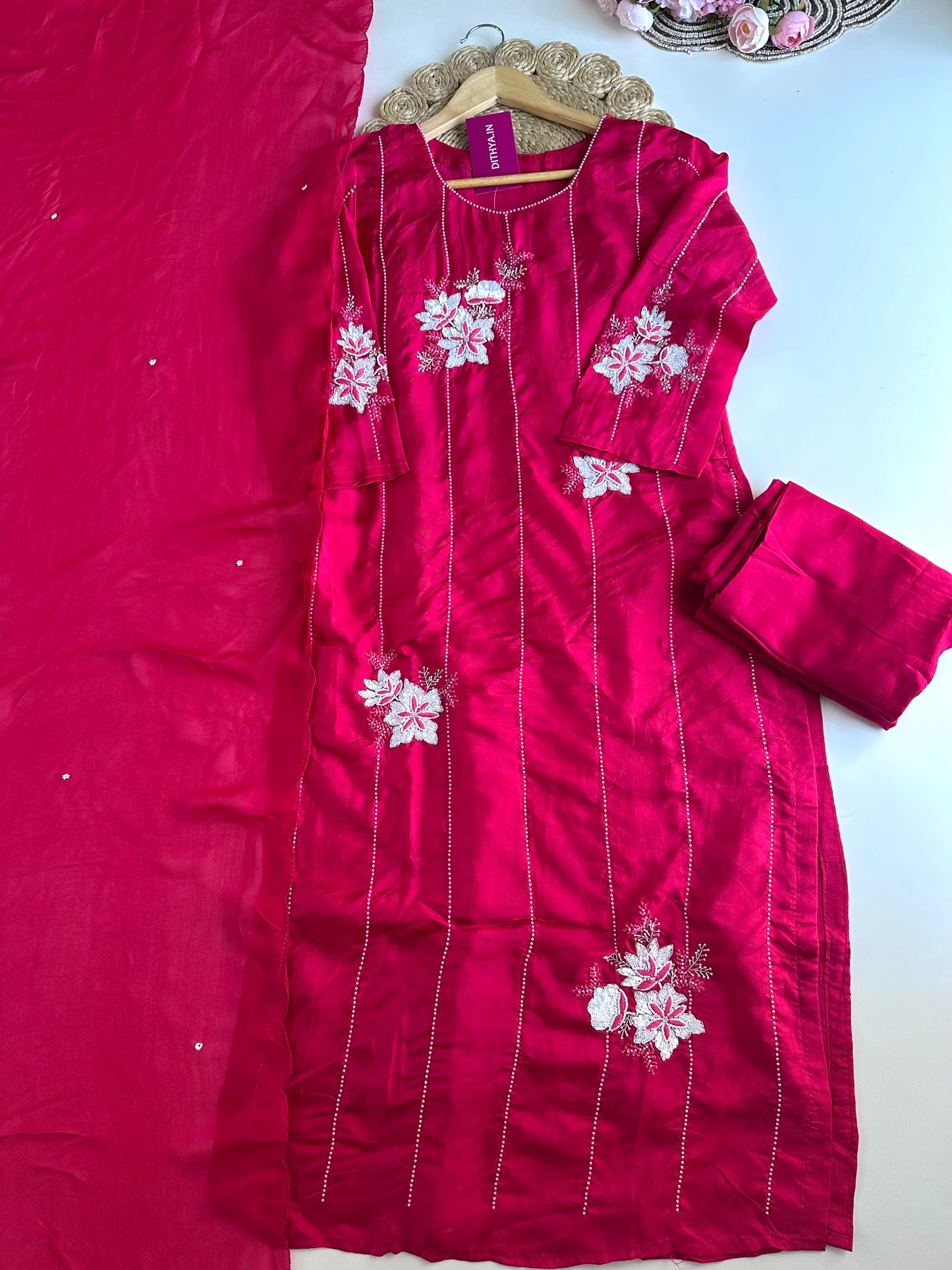K253 - Pure crape pearl work straight Kurti with pants and dupatta