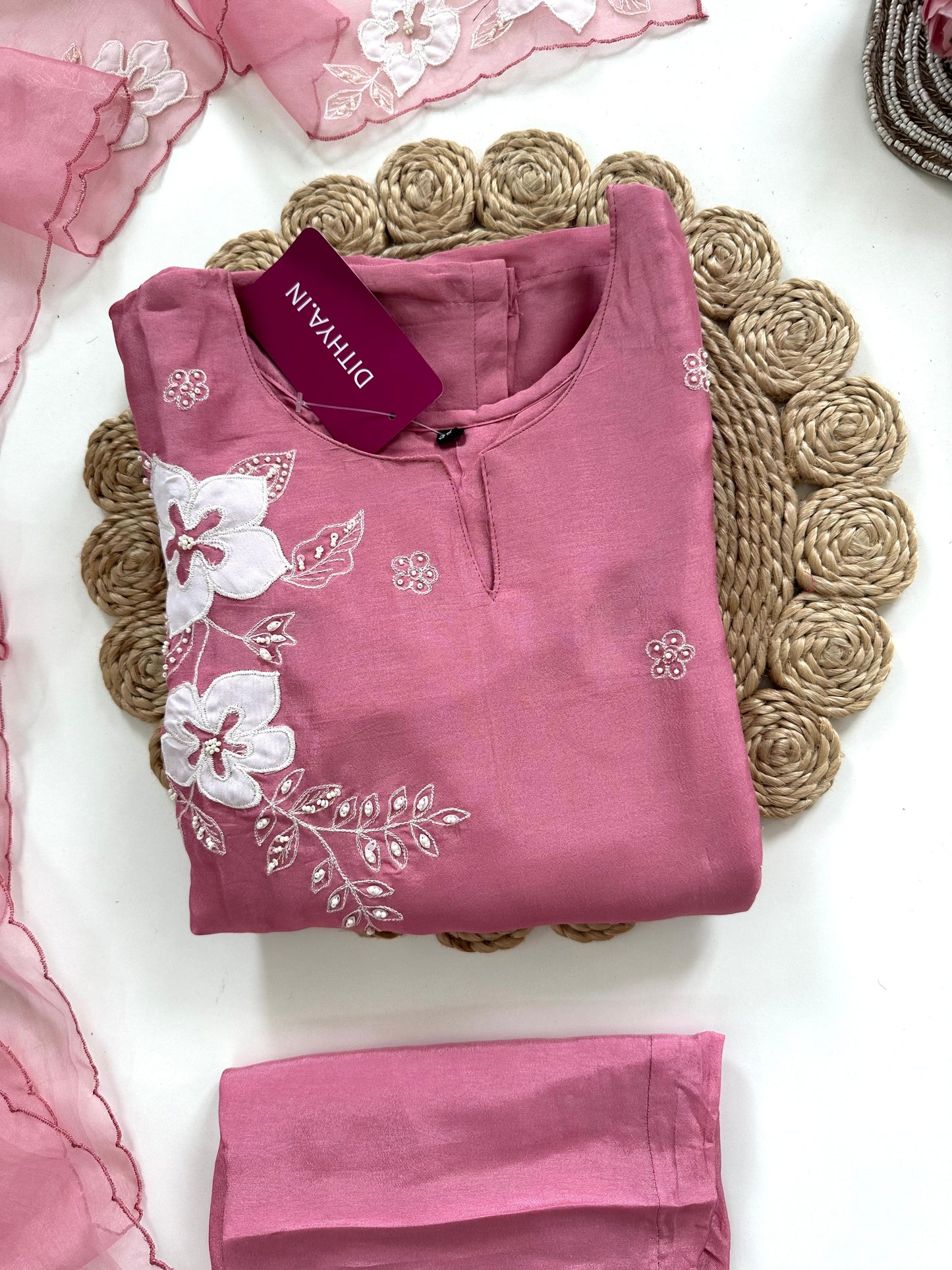 K085 - Russian silk appliqué work straight Kurti with pants and dupatta