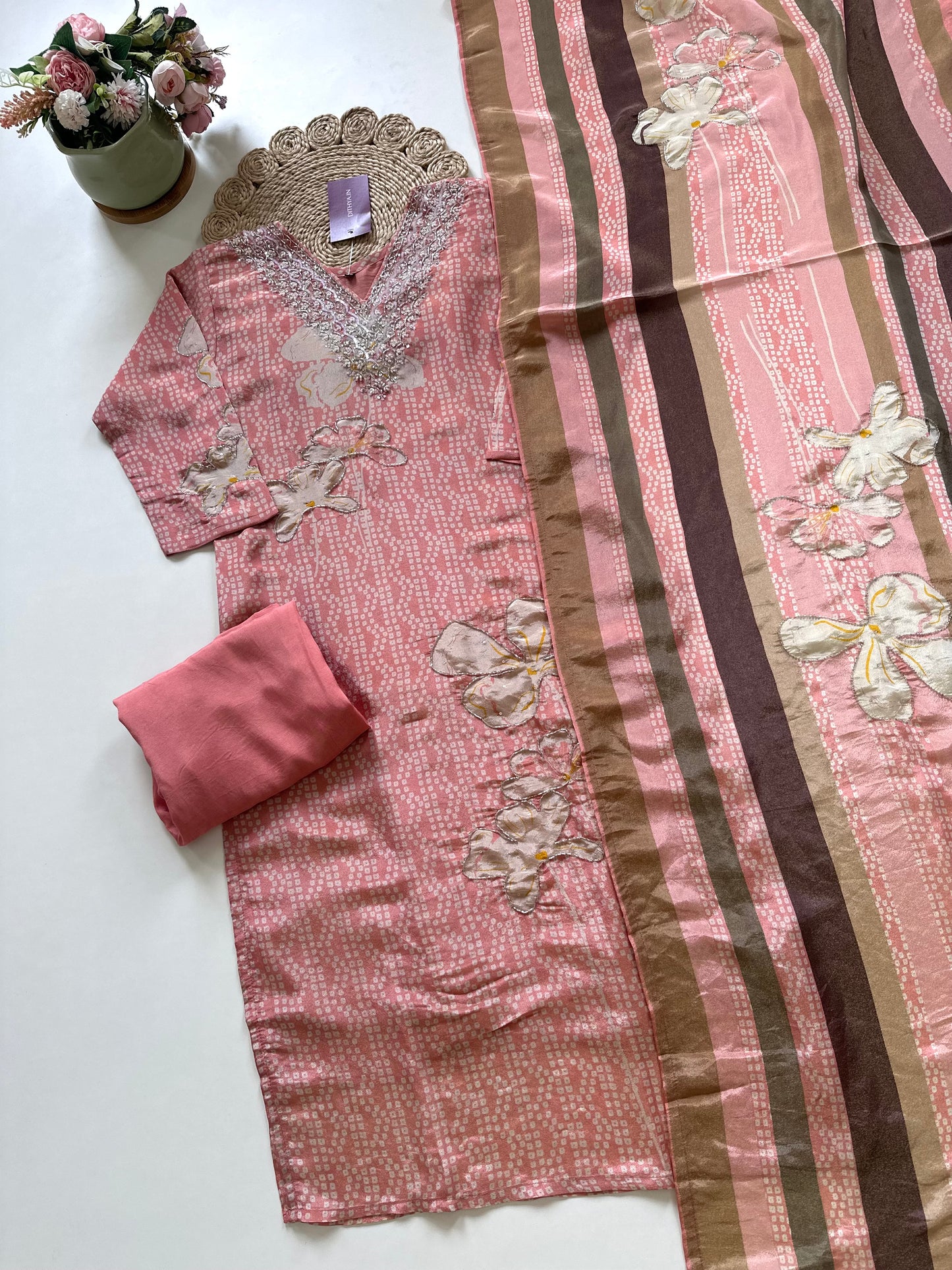 K117 - Tissue silk Floral printed straight kurti with pants and dupatta.